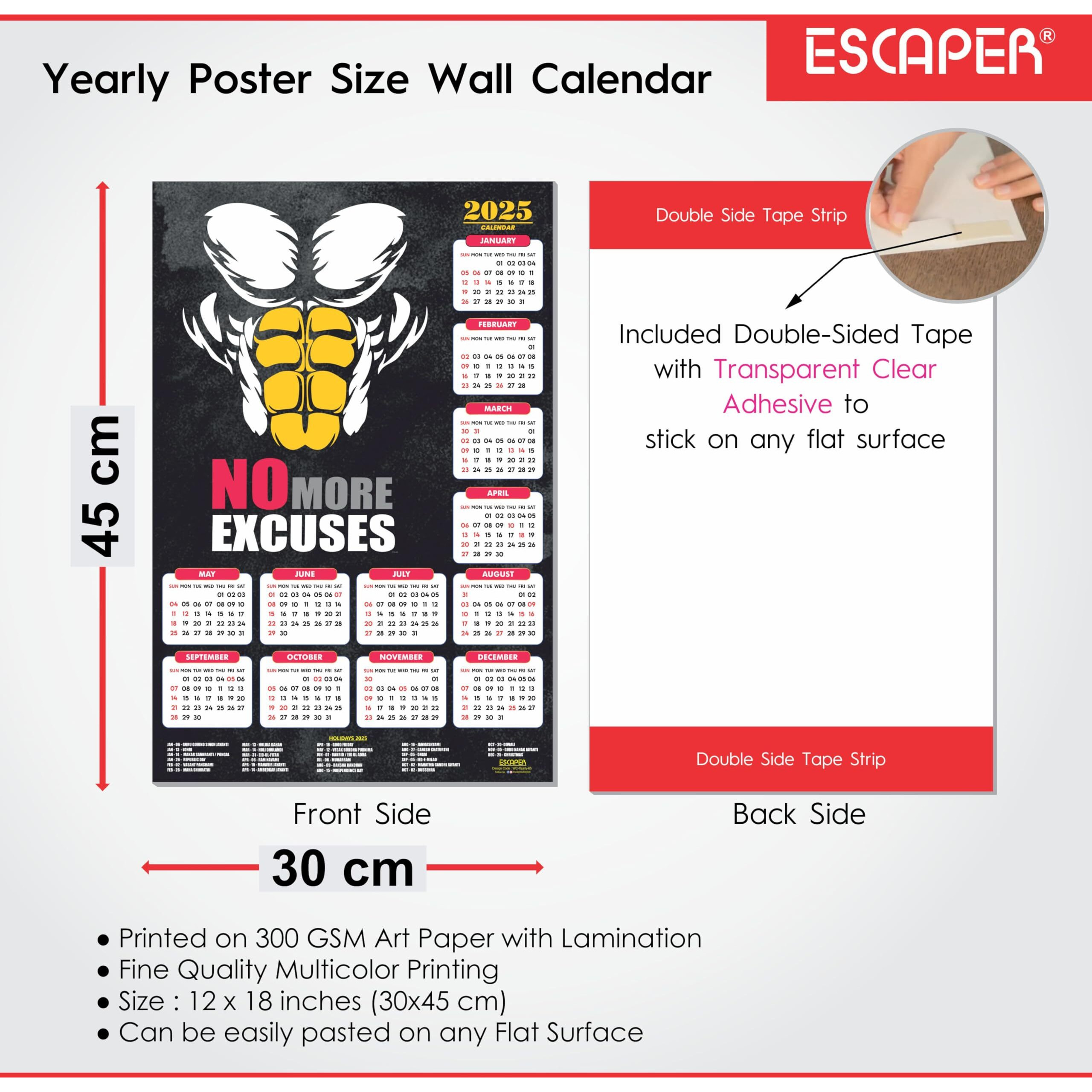 ESCAPER Gym Wall Calendar 2025 hanging (12 x 18, 300 GSM), Wall Calendar 2025 for Gym Motivation, Workout Wall Calendar 2025 for Gym, Exercise Wall Calendar 2025, Bodybuilders Wall Calendar 2025, Fitness Center Wall Calendar 2025