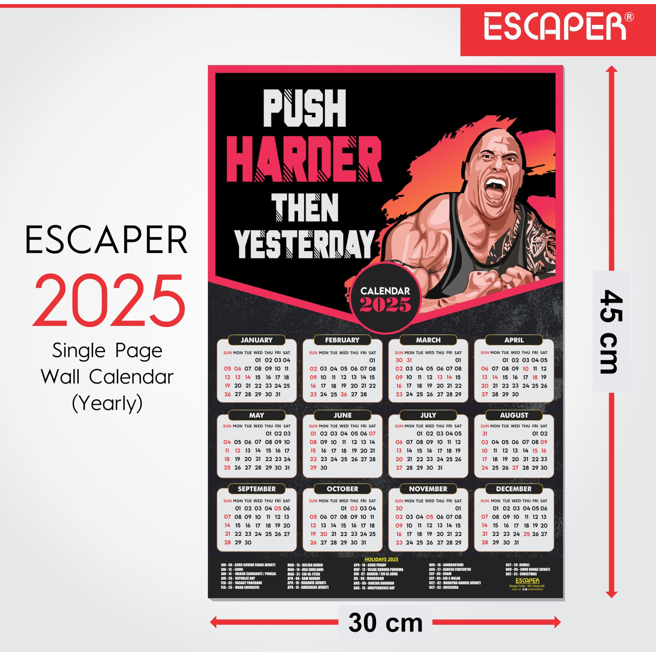 ESCAPER Gym Wall Calendar 2025 hanging (12 x 18, 300 GSM), Wall Calendar 2025 for Gym Motivation, Workout Wall Calendar 2025 for Gym, Exercise Wall Calendar 2025, Bodybuilders Wall Calendar 2025, Fitness Center Wall Calendar 2025
