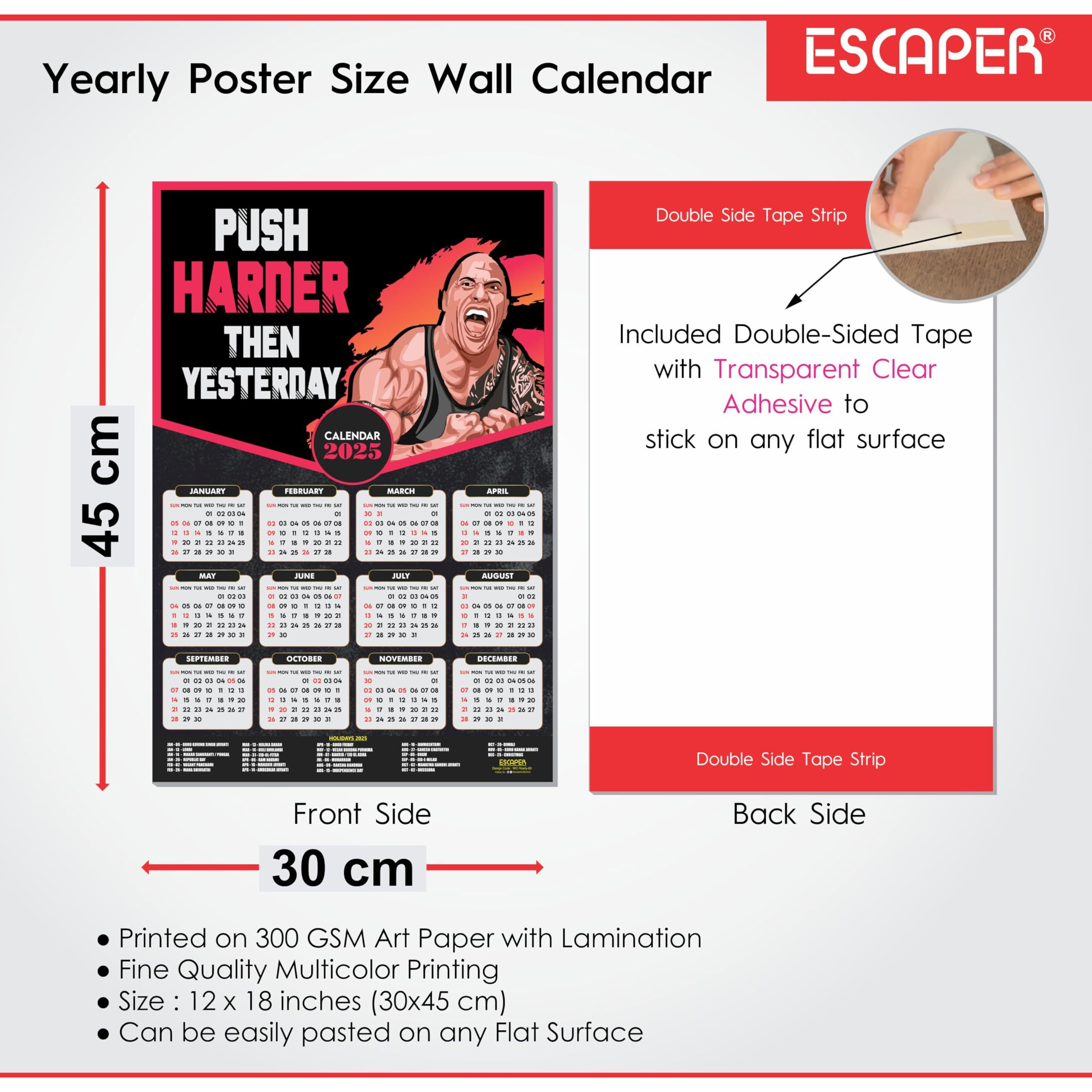ESCAPER Gym Wall Calendar 2025 hanging (12 x 18, 300 GSM), Wall Calendar 2025 for Gym Motivation, Workout Wall Calendar 2025 for Gym, Exercise Wall Calendar 2025, Bodybuilders Wall Calendar 2025, Fitness Center Wall Calendar 2025