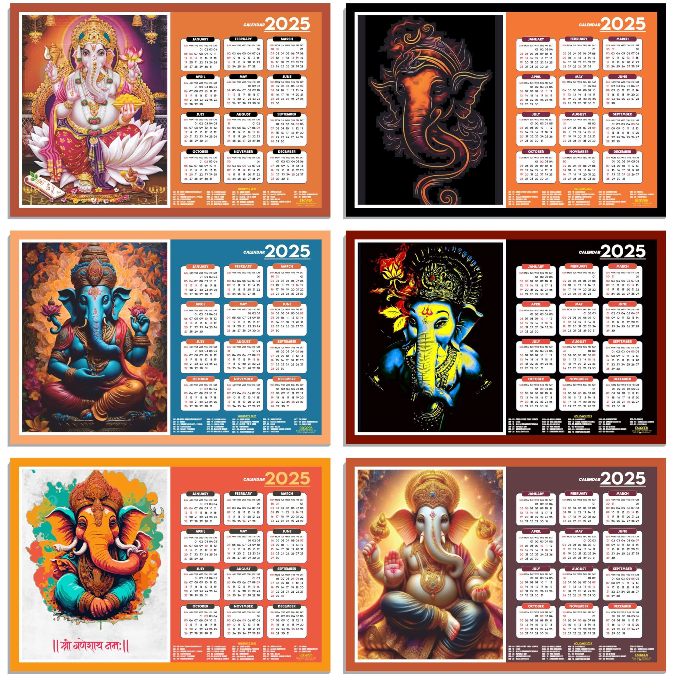 ESCAPER Lord Ganesha Wall Calendar 2025 hanging (45 x 30 cm), Ganesh Ji Wall Calendar 2025, God Ganpati Wall Calendar 2025, Ganesh Wall Decor Items, Religious Wall Calendar 2025, Hindu Wall Calendar 2025