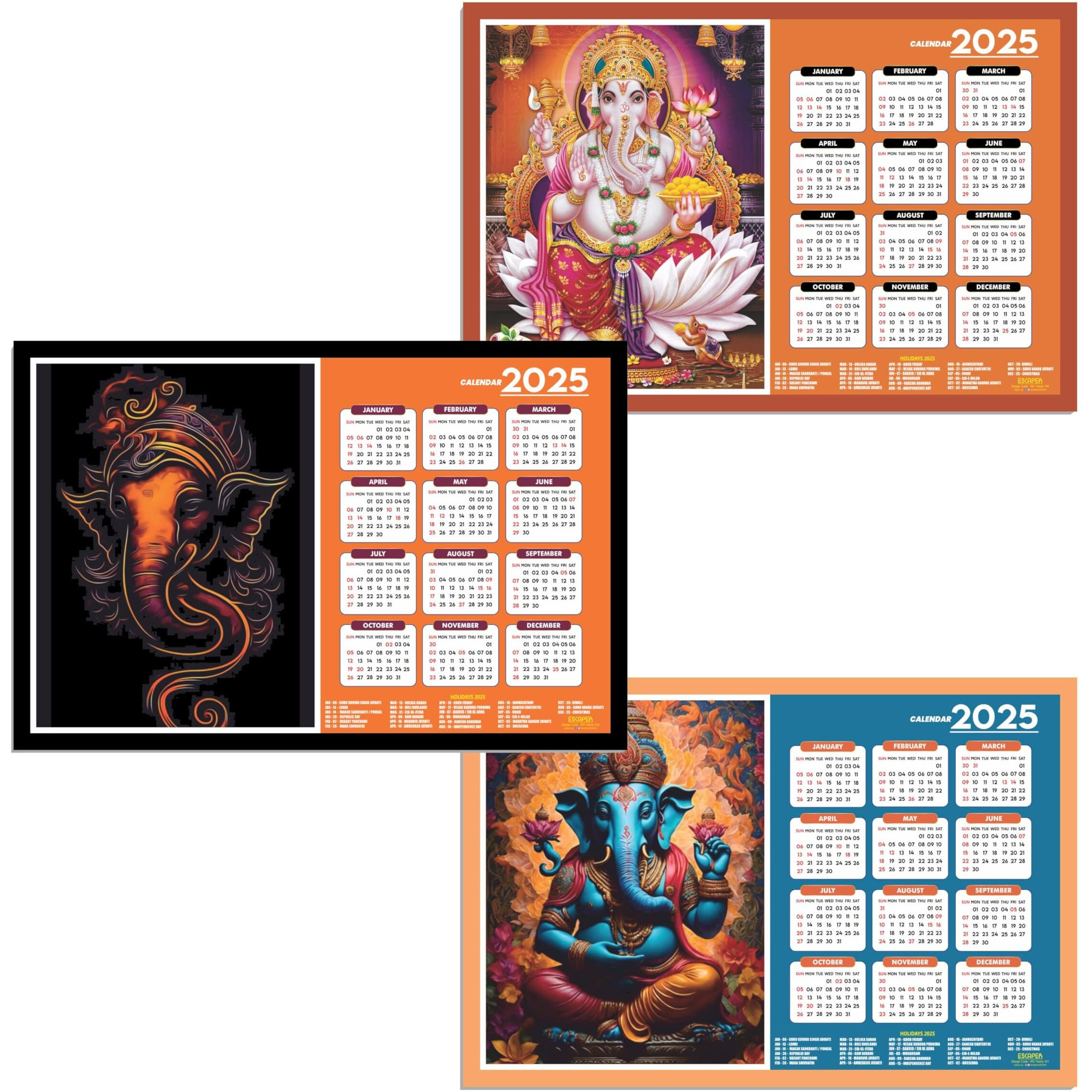 ESCAPER Lord Ganesha Wall Calendar 2025 hanging (45 x 30 cm), Ganesh Ji Wall Calendar 2025, God Ganpati Wall Calendar 2025, Ganesh Wall Decor Items, Religious Wall Calendar 2025, Hindu Wall Calendar 2025 (Combo Pack 3 Wall Calendar 2025