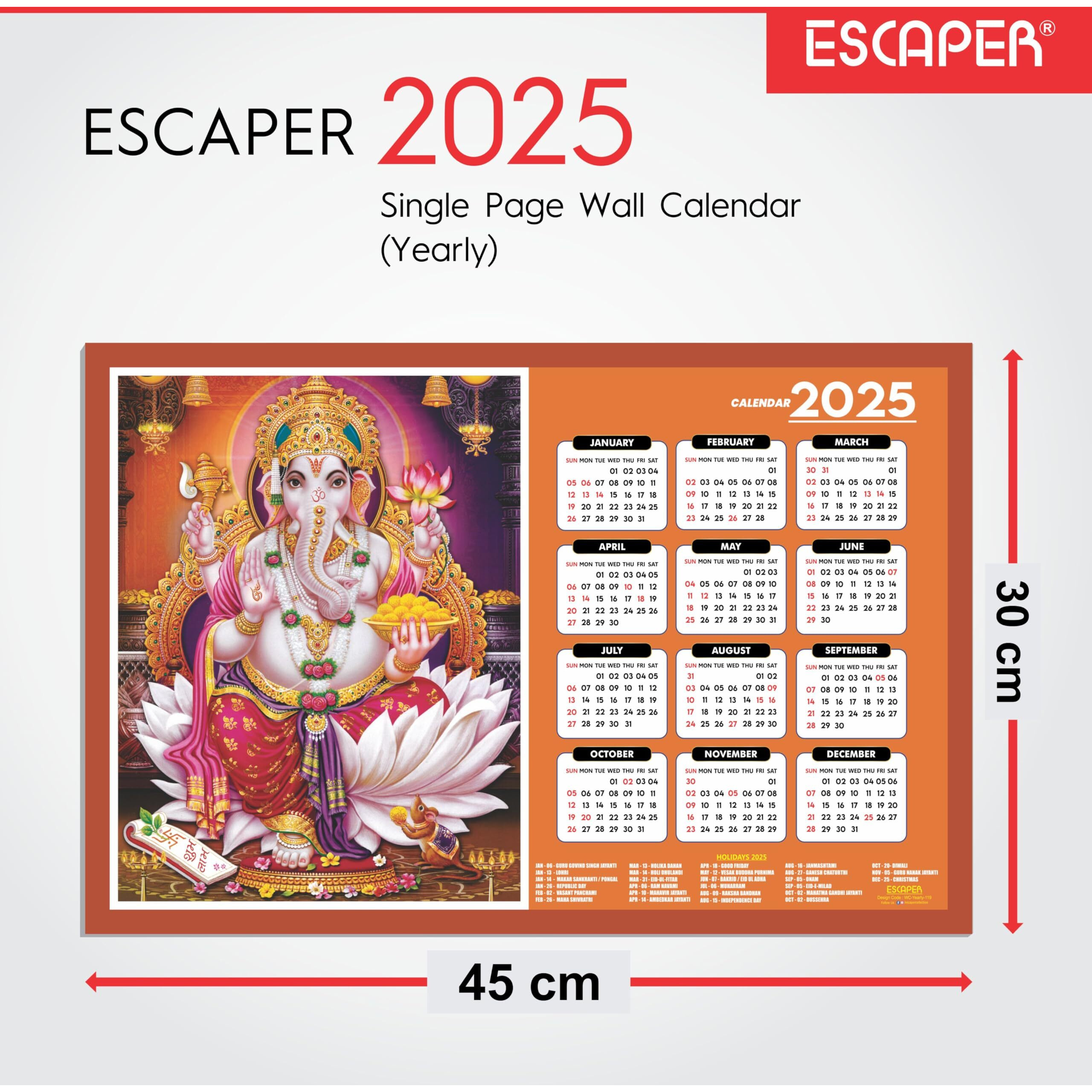 ESCAPER Lord Ganesha Wall Calendar 2025 hanging (45 x 30 cm), Ganesh Ji Wall Calendar 2025, God Ganpati Wall Calendar 2025, Ganesh Wall Decor Items, Religious Wall Calendar 2025, Hindu Wall Calendar 2025 (Combo Pack 3 Wall Calendar 2025