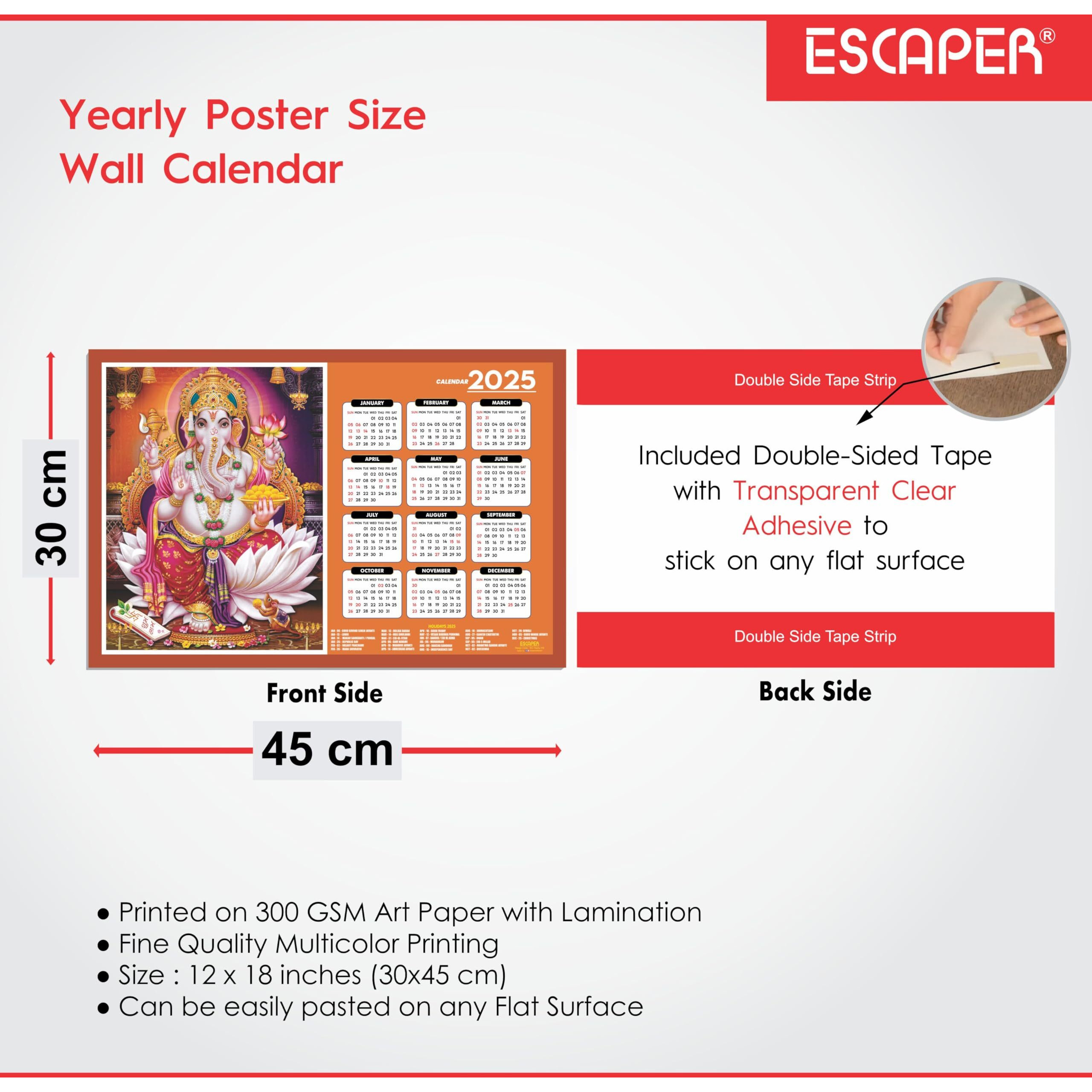 ESCAPER Lord Ganesha Wall Calendar 2025 hanging (45 x 30 cm), Ganesh Ji Wall Calendar 2025, God Ganpati Wall Calendar 2025, Ganesh Wall Decor Items, Religious Wall Calendar 2025, Hindu Wall Calendar 2025 (Combo Pack 3 Wall Calendar 2025