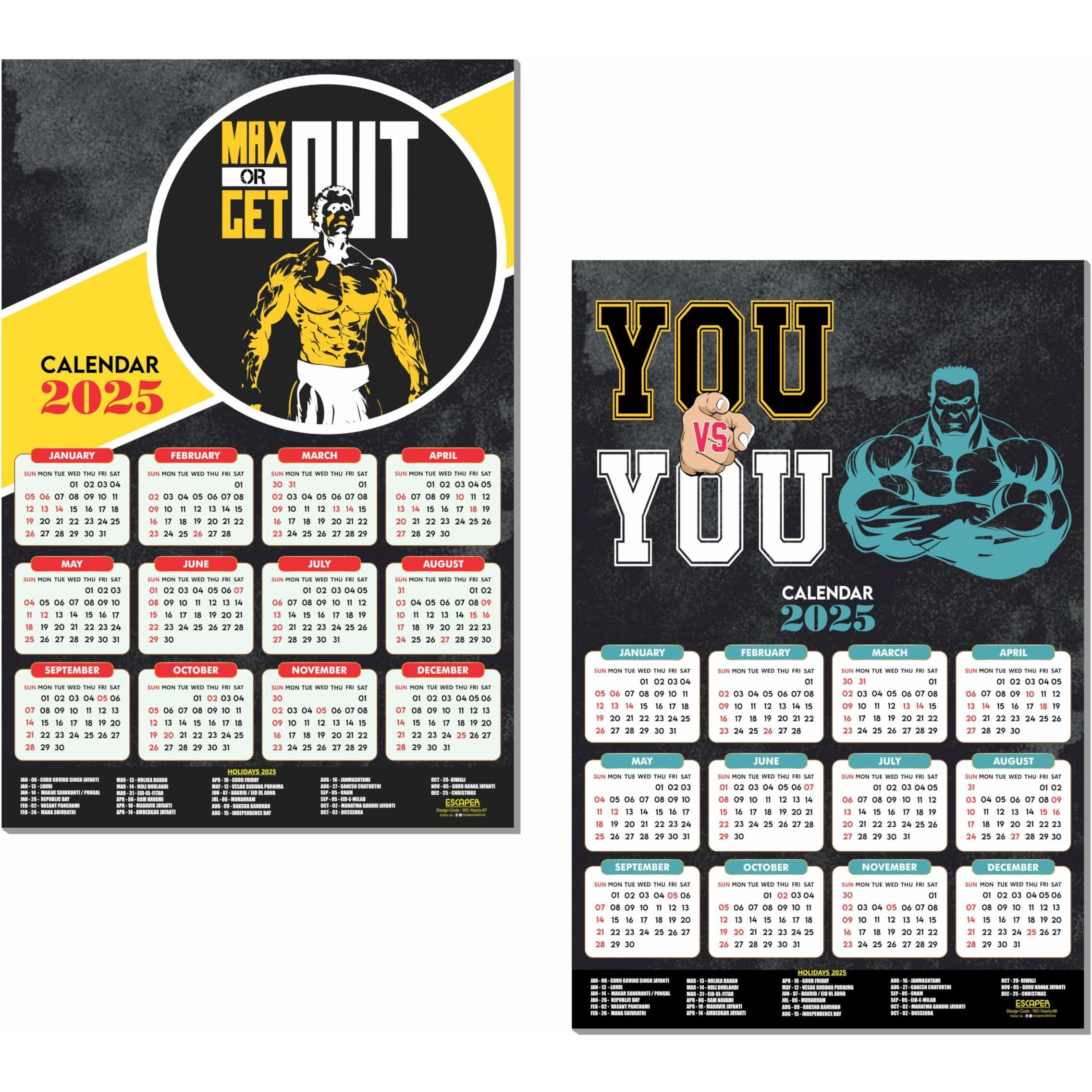 ESCAPER Gym Wall Calendar 2025 hanging (12 x 18, 300 GSM), Wall Calendar 2025 for Gym Motivation, Workout Wall Calendar 2025 for Gym, Exercise Wall Calendar 2025, Bodybuilders Wall Calendar 2025, Fitness Center Wall Calendar 2025