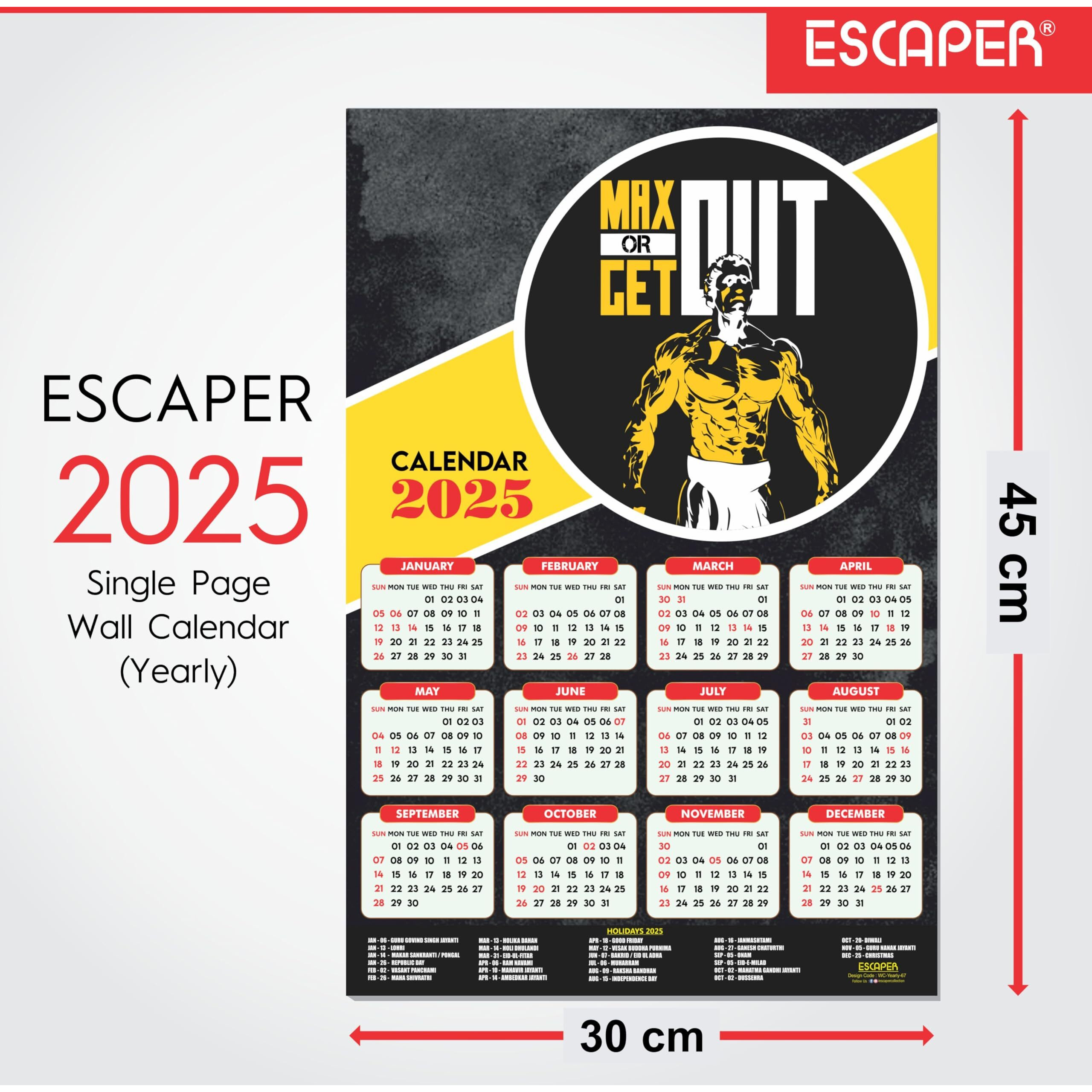 ESCAPER Gym Wall Calendar 2025 hanging (12 x 18, 300 GSM), Wall Calendar 2025 for Gym Motivation, Workout Wall Calendar 2025 for Gym, Exercise Wall Calendar 2025, Bodybuilders Wall Calendar 2025, Fitness Center Wall Calendar 2025