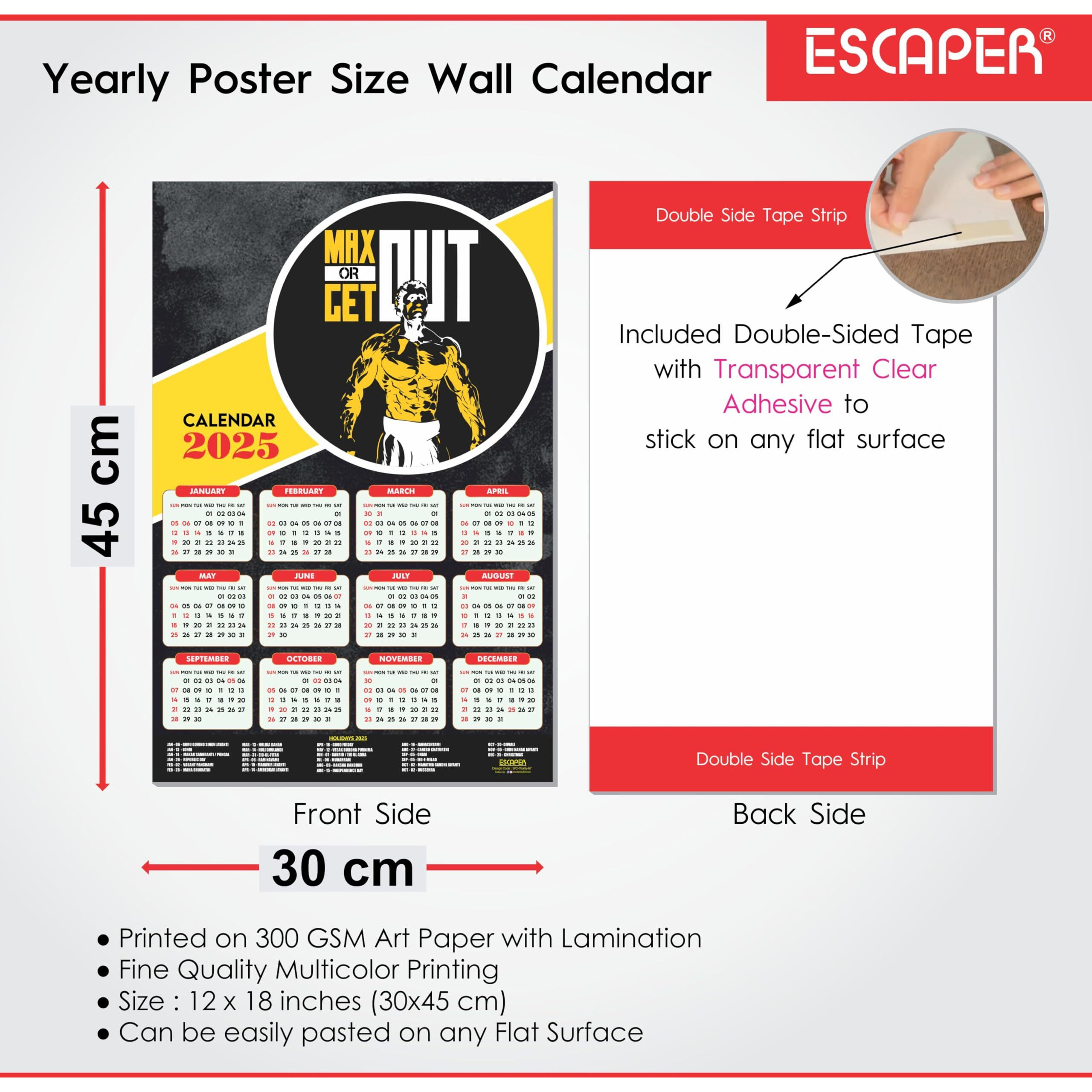 ESCAPER Gym Wall Calendar 2025 hanging (12 x 18, 300 GSM), Wall Calendar 2025 for Gym Motivation, Workout Wall Calendar 2025 for Gym, Exercise Wall Calendar 2025, Bodybuilders Wall Calendar 2025, Fitness Center Wall Calendar 2025