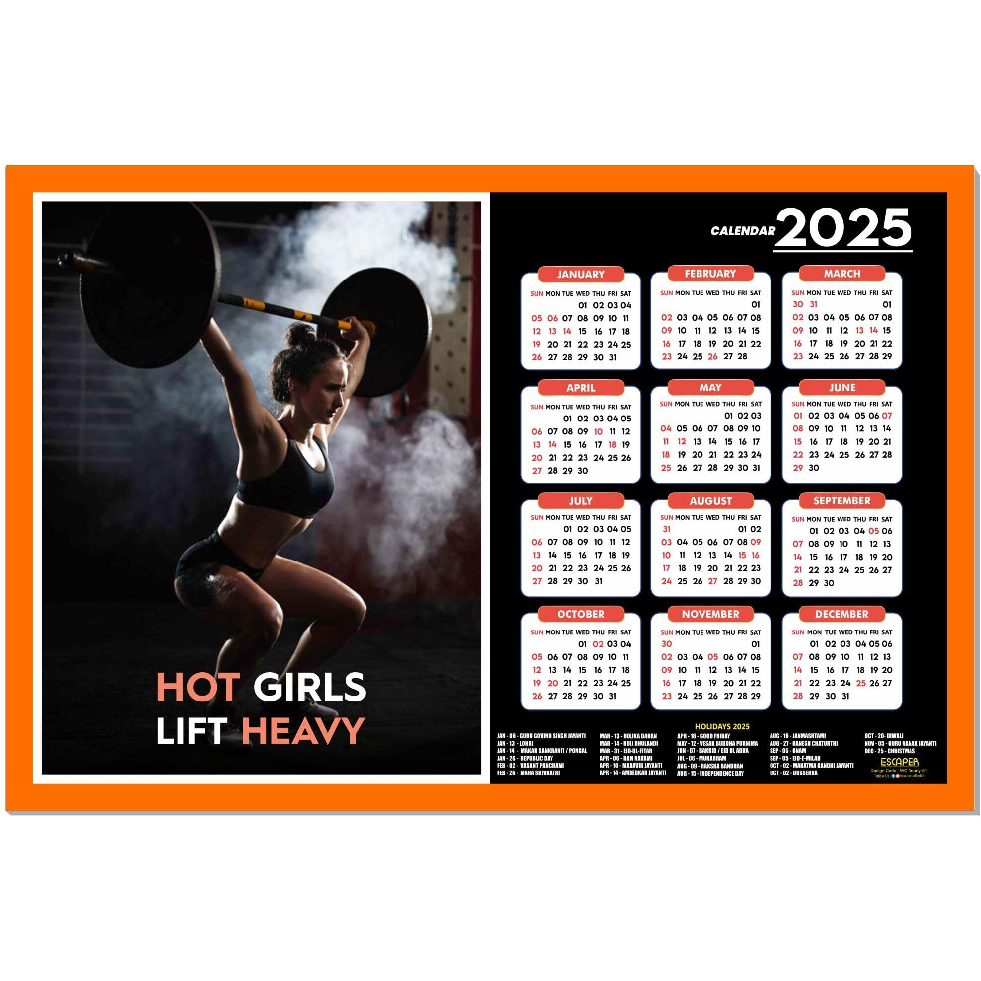 ESCAPER Gym Wall Calendar 2025 hanging (12 x 18), Wall Calendar 2025 for Gym Motivation, Workout Wall Calendar 2025 for Gym, Exercise Wall Calendar 2025, Bodybuilders Wall Calendar 2025, Fitness Center Wall Calendar 2025