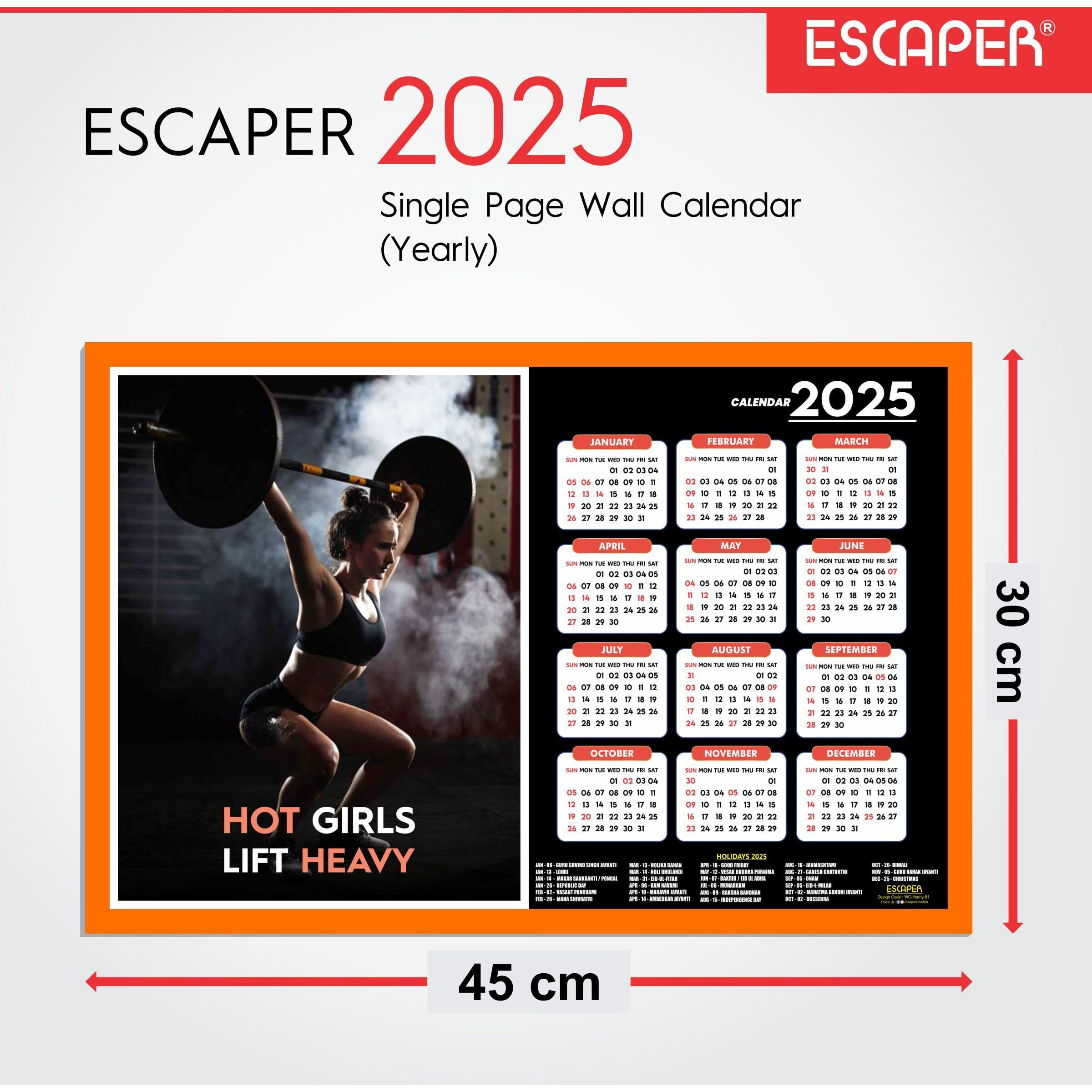 ESCAPER Gym Wall Calendar 2025 hanging (12 x 18), Wall Calendar 2025 for Gym Motivation, Workout Wall Calendar 2025 for Gym, Exercise Wall Calendar 2025, Bodybuilders Wall Calendar 2025, Fitness Center Wall Calendar 2025