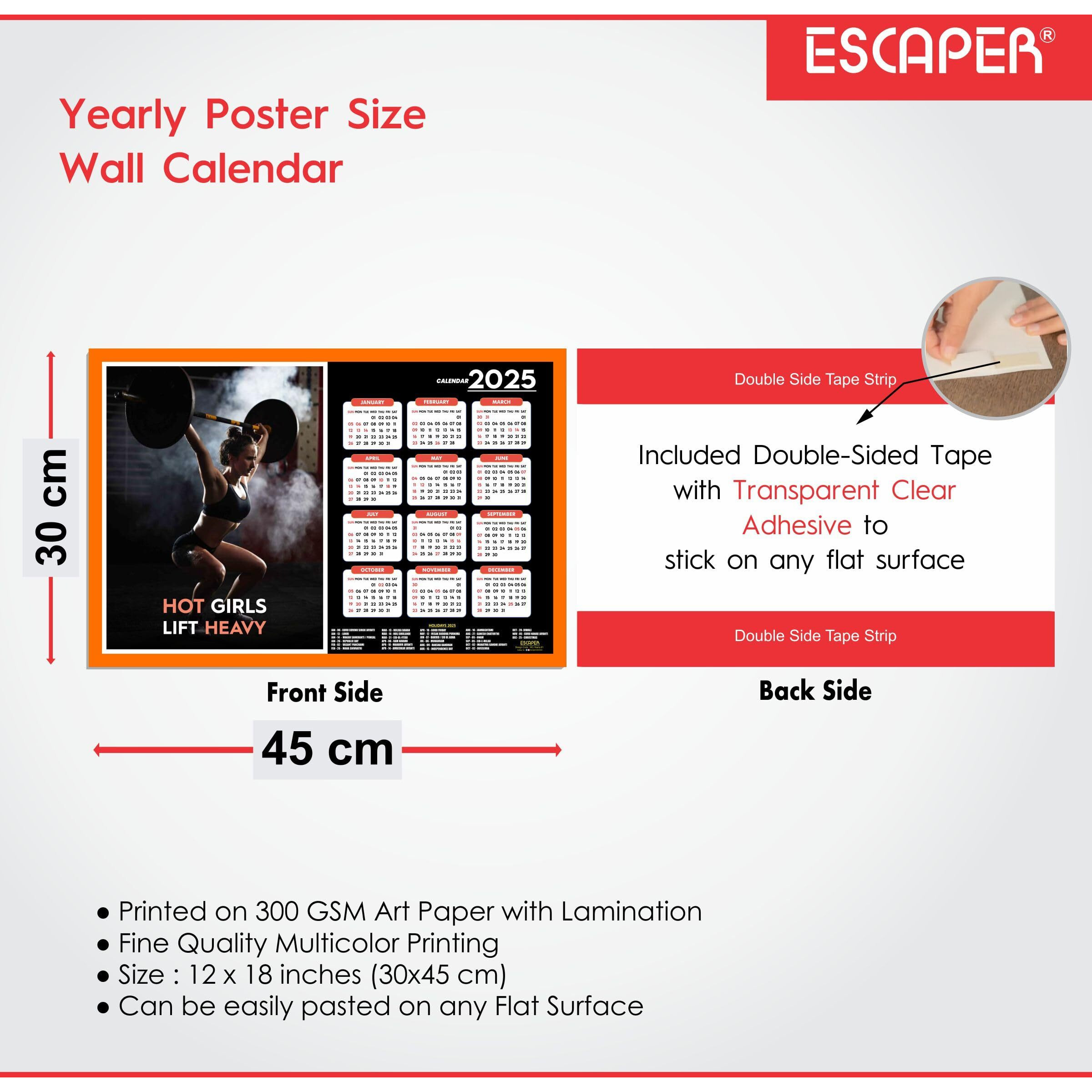 ESCAPER Gym Wall Calendar 2025 hanging (12 x 18), Wall Calendar 2025 for Gym Motivation, Workout Wall Calendar 2025 for Gym, Exercise Wall Calendar 2025, Bodybuilders Wall Calendar 2025, Fitness Center Wall Calendar 2025