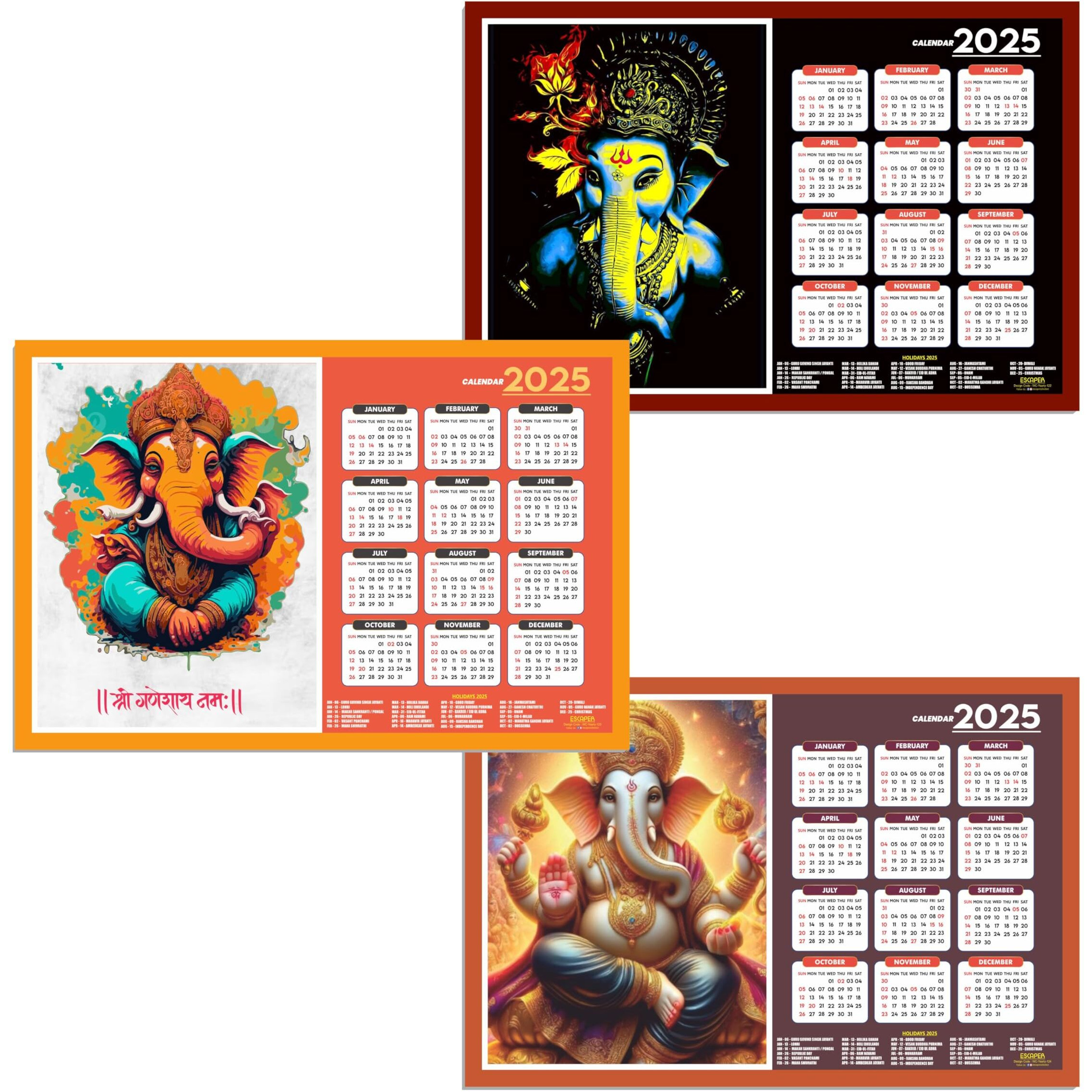 ESCAPER Lord Ganesha Wall Calendar 2025 hanging (45 x 30 cm), Ganesh Ji Wall Calendar 2025, God Ganpati Wall Calendar 2025, Ganesh Wall Decor Items, Religious Wall Calendar 2025, Hindu Wall Calendar 2025 (Combo Pack 3 Wall Calendar 2025