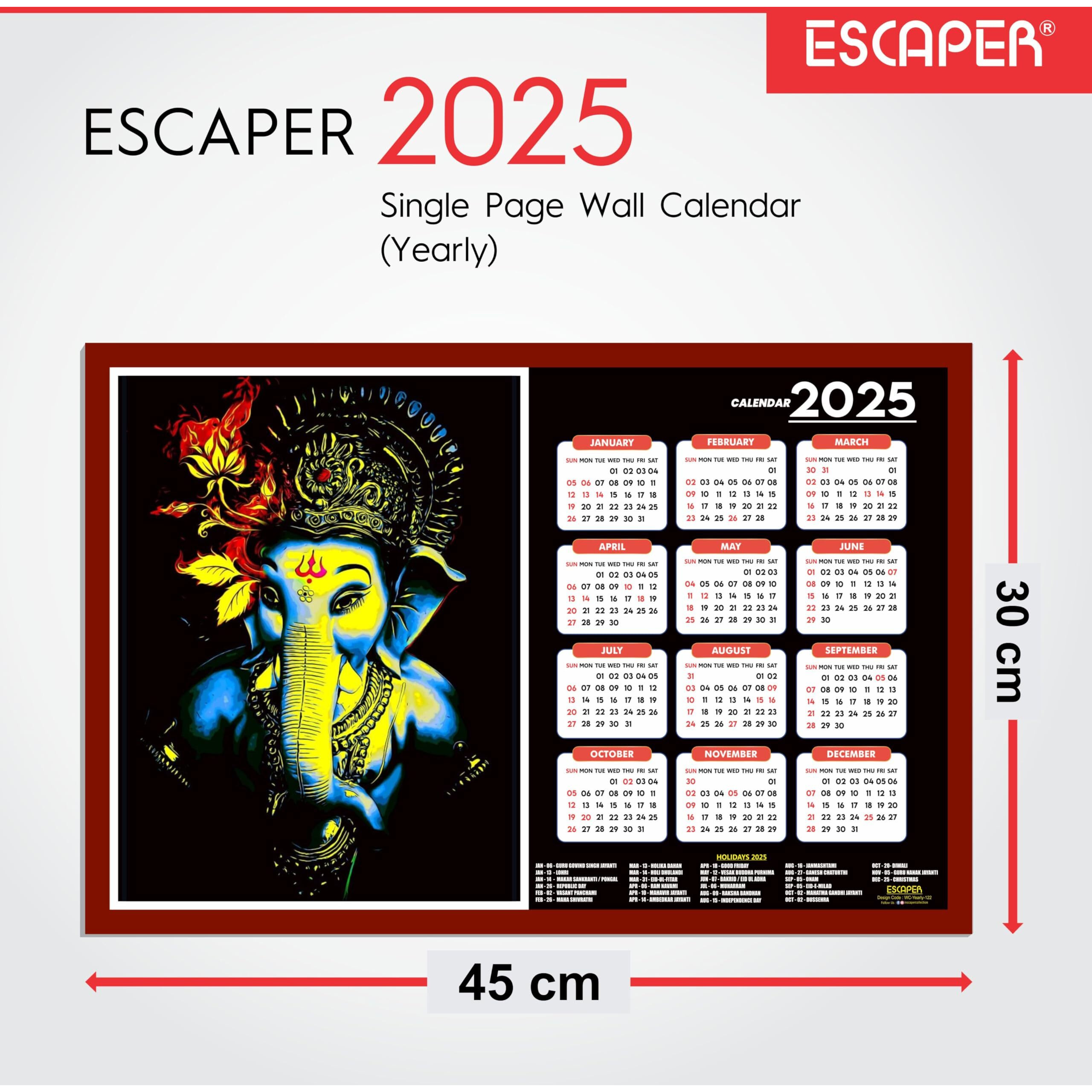 ESCAPER Lord Ganesha Wall Calendar 2025 hanging (45 x 30 cm), Ganesh Ji Wall Calendar 2025, God Ganpati Wall Calendar 2025, Ganesh Wall Decor Items, Religious Wall Calendar 2025, Hindu Wall Calendar 2025 (Combo Pack 3 Wall Calendar 2025