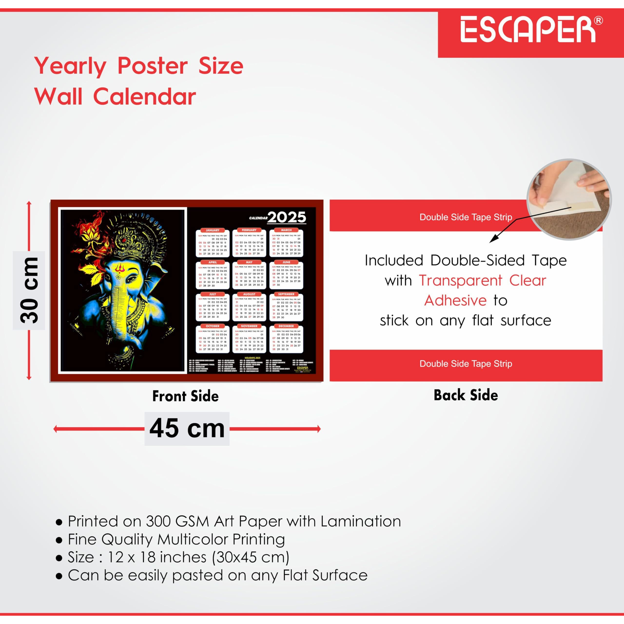 ESCAPER Lord Ganesha Wall Calendar 2025 hanging (45 x 30 cm), Ganesh Ji Wall Calendar 2025, God Ganpati Wall Calendar 2025, Ganesh Wall Decor Items, Religious Wall Calendar 2025, Hindu Wall Calendar 2025 (Combo Pack 3 Wall Calendar 2025