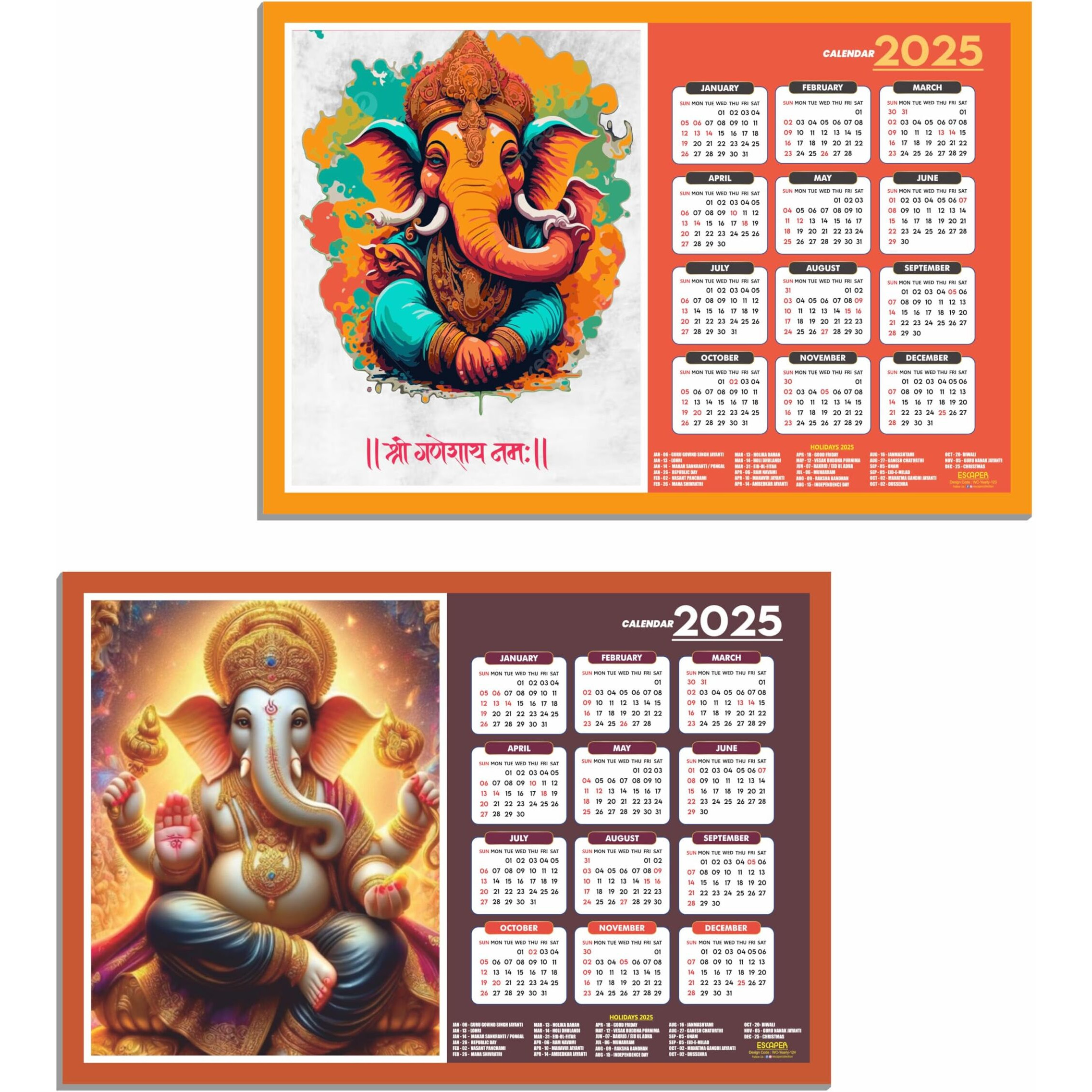 ESCAPER Lord Ganesha Wall Calendar 2025 hanging (45 x 30 cm), Ganesh Ji Wall Calendar 2025, God Ganpati Wall Calendar 2025, Ganesh Wall Decor Items, Religious Wall Calendar 2025, Hindu Wall Calendar 2025
