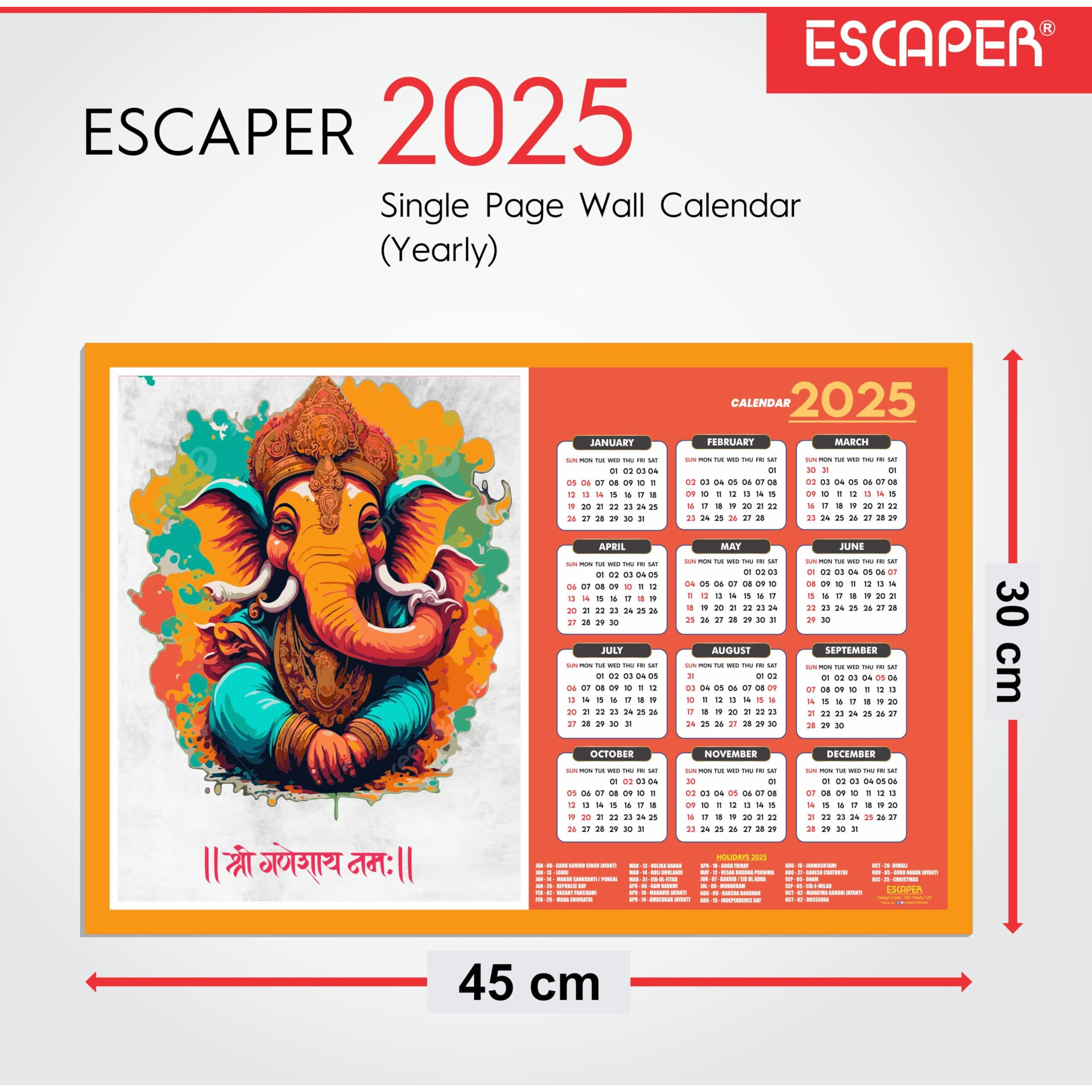 ESCAPER Lord Ganesha Wall Calendar 2025 hanging (45 x 30 cm), Ganesh Ji Wall Calendar 2025, God Ganpati Wall Calendar 2025, Ganesh Wall Decor Items, Religious Wall Calendar 2025, Hindu Wall Calendar 2025