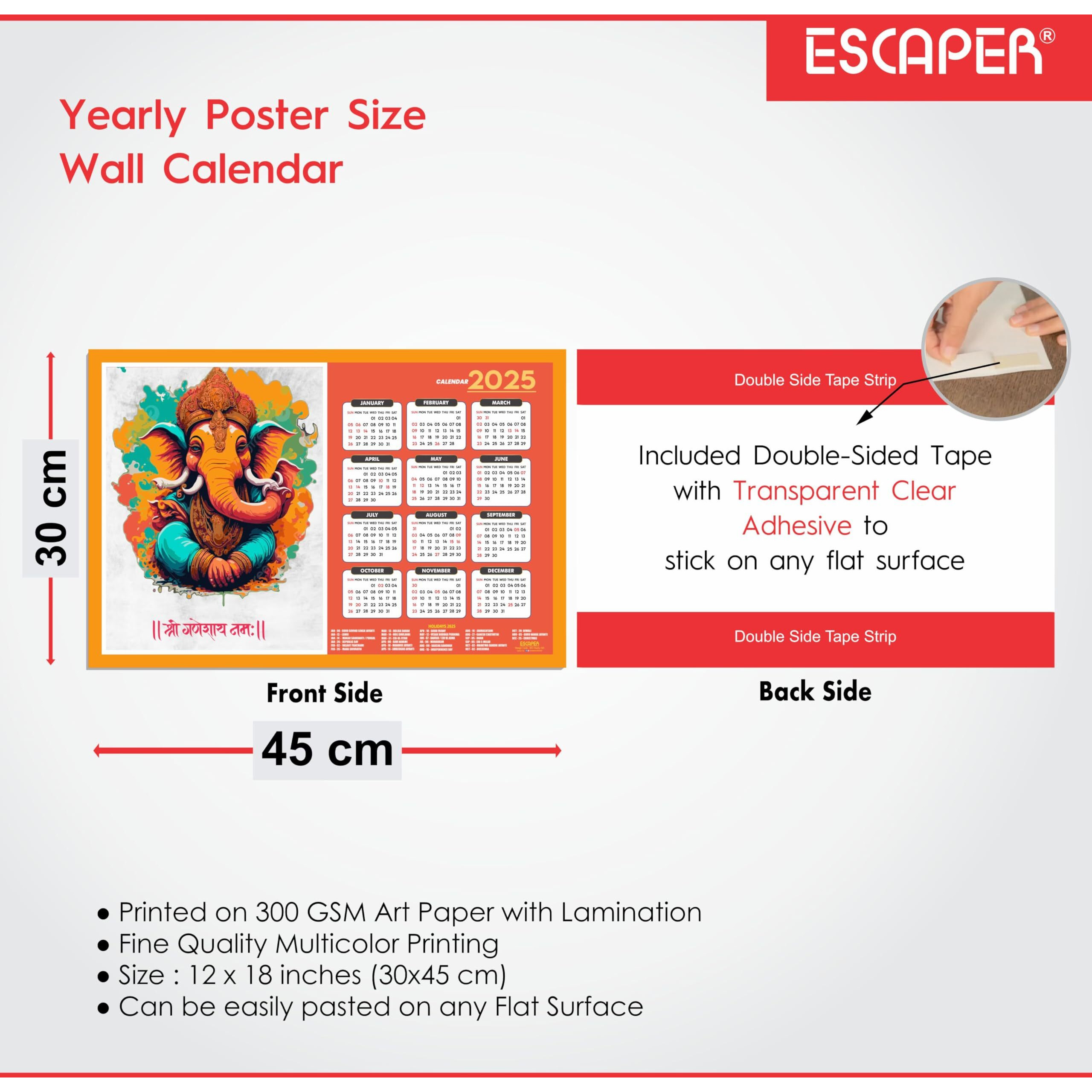 ESCAPER Lord Ganesha Wall Calendar 2025 hanging (45 x 30 cm), Ganesh Ji Wall Calendar 2025, God Ganpati Wall Calendar 2025, Ganesh Wall Decor Items, Religious Wall Calendar 2025, Hindu Wall Calendar 2025