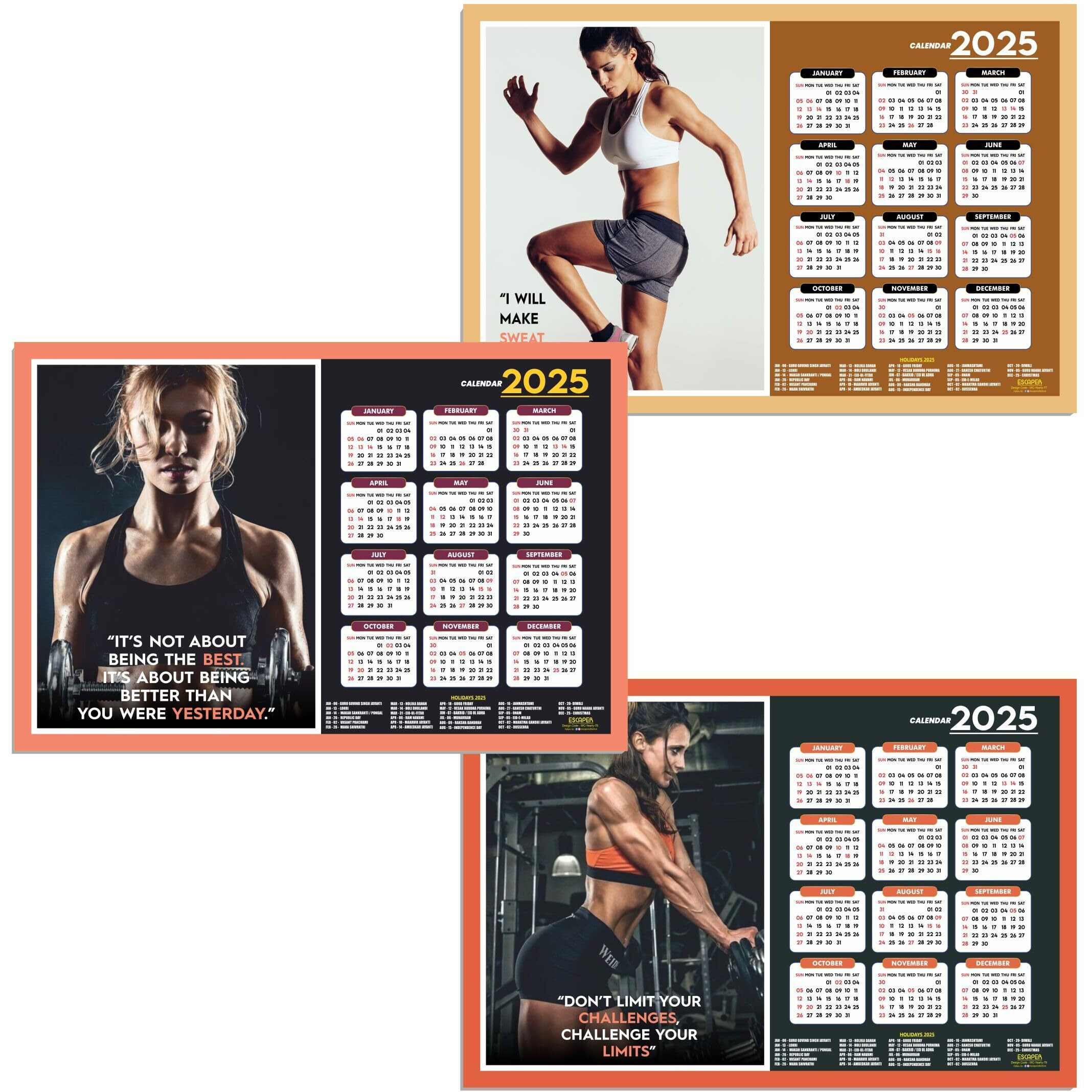 ESCAPER Gym Wall Calendar 2025 hanging (12 x 18, 300 GSM), Wall Calendar 2025 for Gym Motivation, Workout Wall Calendar 2025 for Gym, Exercise Wall Calendar 2025, Bodybuilders Wall Calendar 2025, Fitness Center Wall Calendar 2025