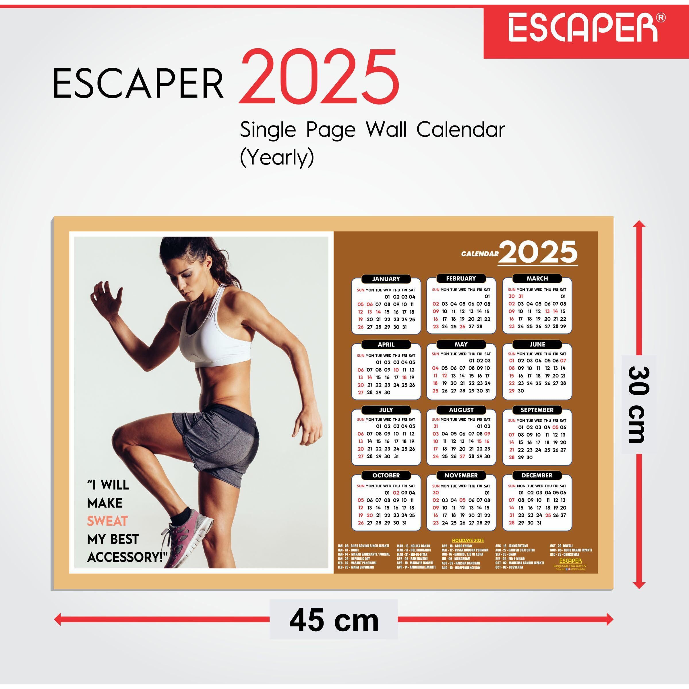ESCAPER Gym Wall Calendar 2025 hanging (12 x 18, 300 GSM), Wall Calendar 2025 for Gym Motivation, Workout Wall Calendar 2025 for Gym, Exercise Wall Calendar 2025, Bodybuilders Wall Calendar 2025, Fitness Center Wall Calendar 2025
