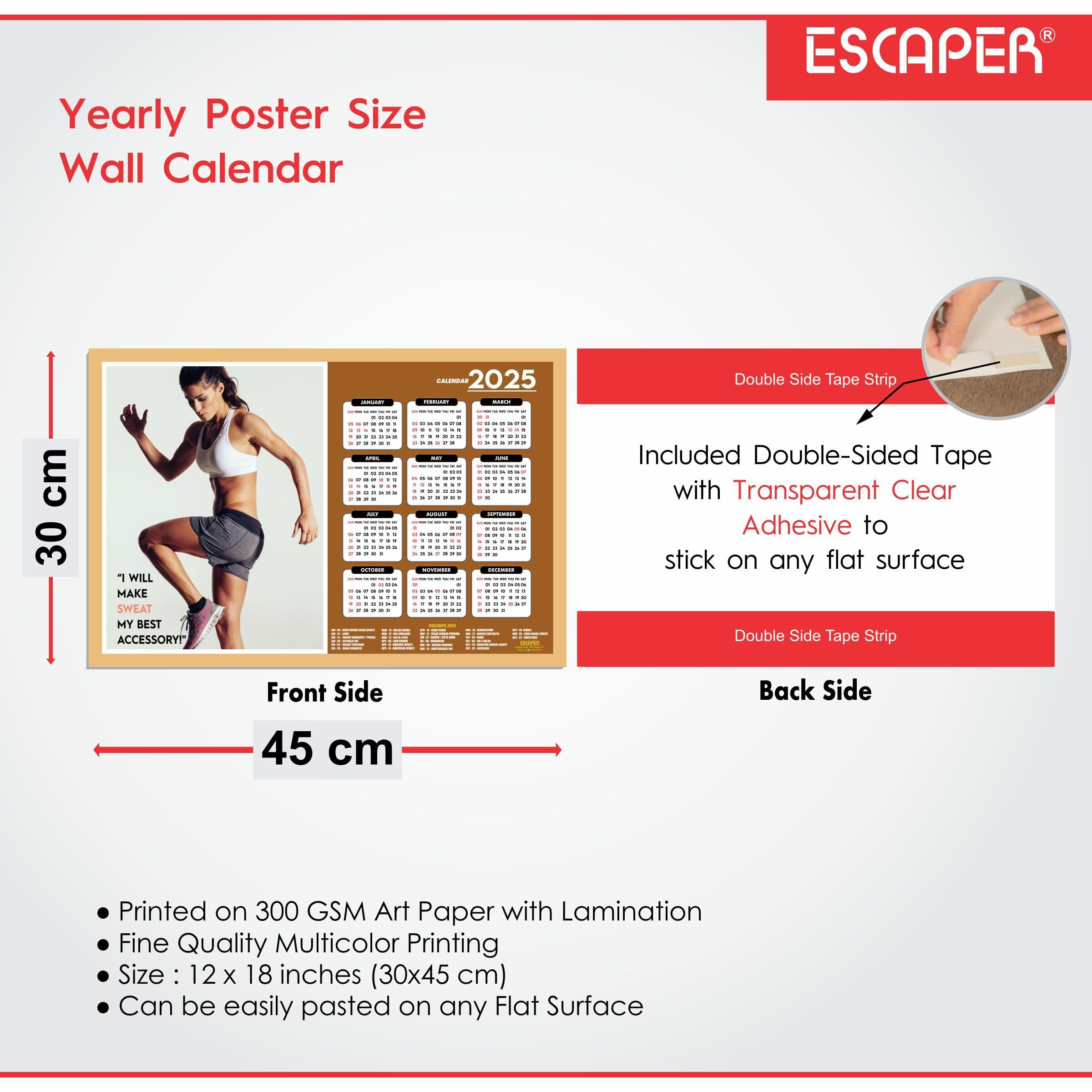 ESCAPER Gym Wall Calendar 2025 hanging (12 x 18, 300 GSM), Wall Calendar 2025 for Gym Motivation, Workout Wall Calendar 2025 for Gym, Exercise Wall Calendar 2025, Bodybuilders Wall Calendar 2025, Fitness Center Wall Calendar 2025
