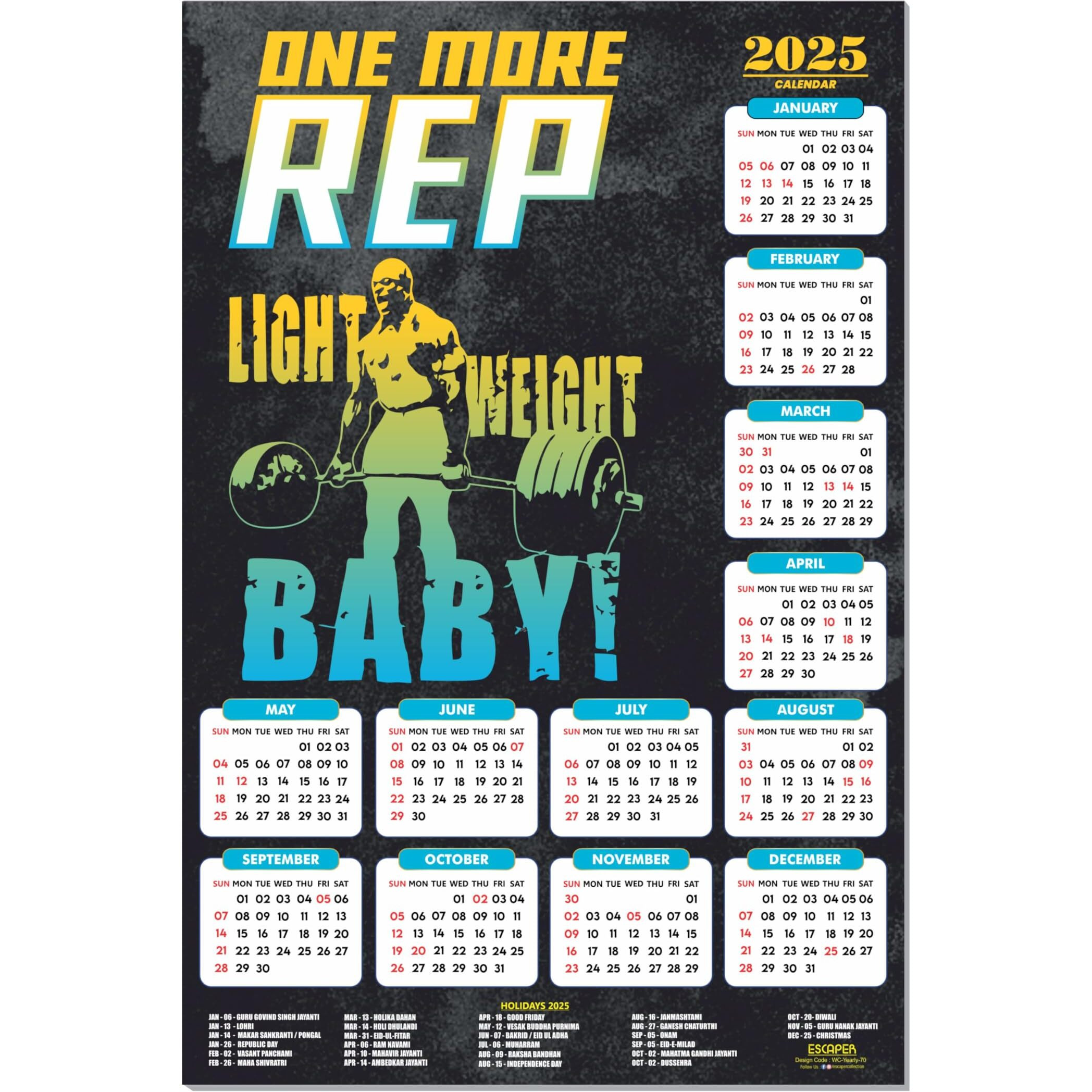 ESCAPER One More Rep Gym Wall Calendar 2025 hanging (12 x 18), Wall Calendar 2025 for Gym Motivation, Workout Wall Calendar 2025 for Gym, Exercise Wall Calendar 2025, Bodybuilders Wall Calendar 2025, Fitness Center Wall Calendar 2025