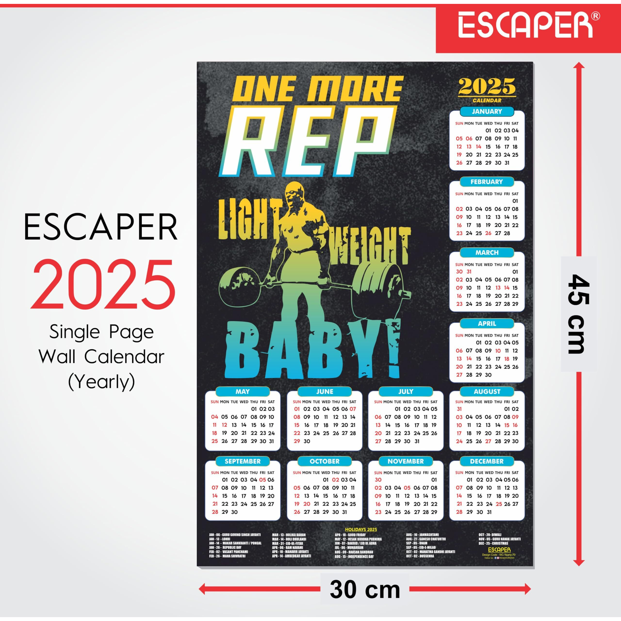 ESCAPER One More Rep Gym Wall Calendar 2025 hanging (12 x 18), Wall Calendar 2025 for Gym Motivation, Workout Wall Calendar 2025 for Gym, Exercise Wall Calendar 2025, Bodybuilders Wall Calendar 2025, Fitness Center Wall Calendar 2025