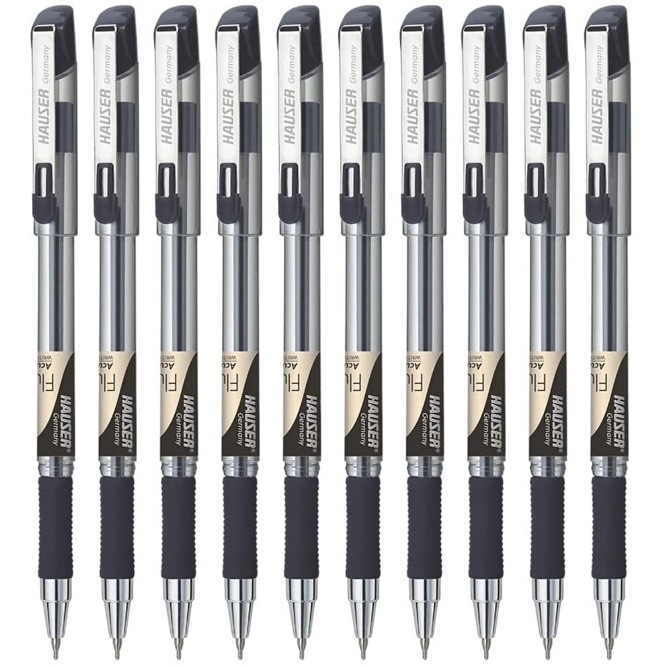 Hauser Fluidic Ball Pen Box Pack | Acu Flow Writing System | Trendy Metal Clip | Clear Body Refillable Ball Pen | Rubber Grip For Stress-Free Writing | Black Ink, Set Of 10 Pens