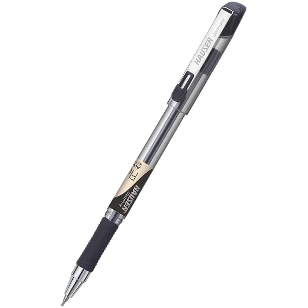 Hauser Fluidic Ball Pen Box Pack | Acu Flow Writing System | Trendy Metal Clip | Clear Body Refillable Ball Pen | Rubber Grip For Stress-Free Writing | Black Ink, Set Of 10 Pens
