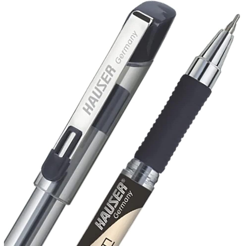 Hauser Fluidic Ball Pen Box Pack | Acu Flow Writing System | Trendy Metal Clip | Clear Body Refillable Ball Pen | Rubber Grip For Stress-Free Writing | Black Ink, Set Of 10 Pens