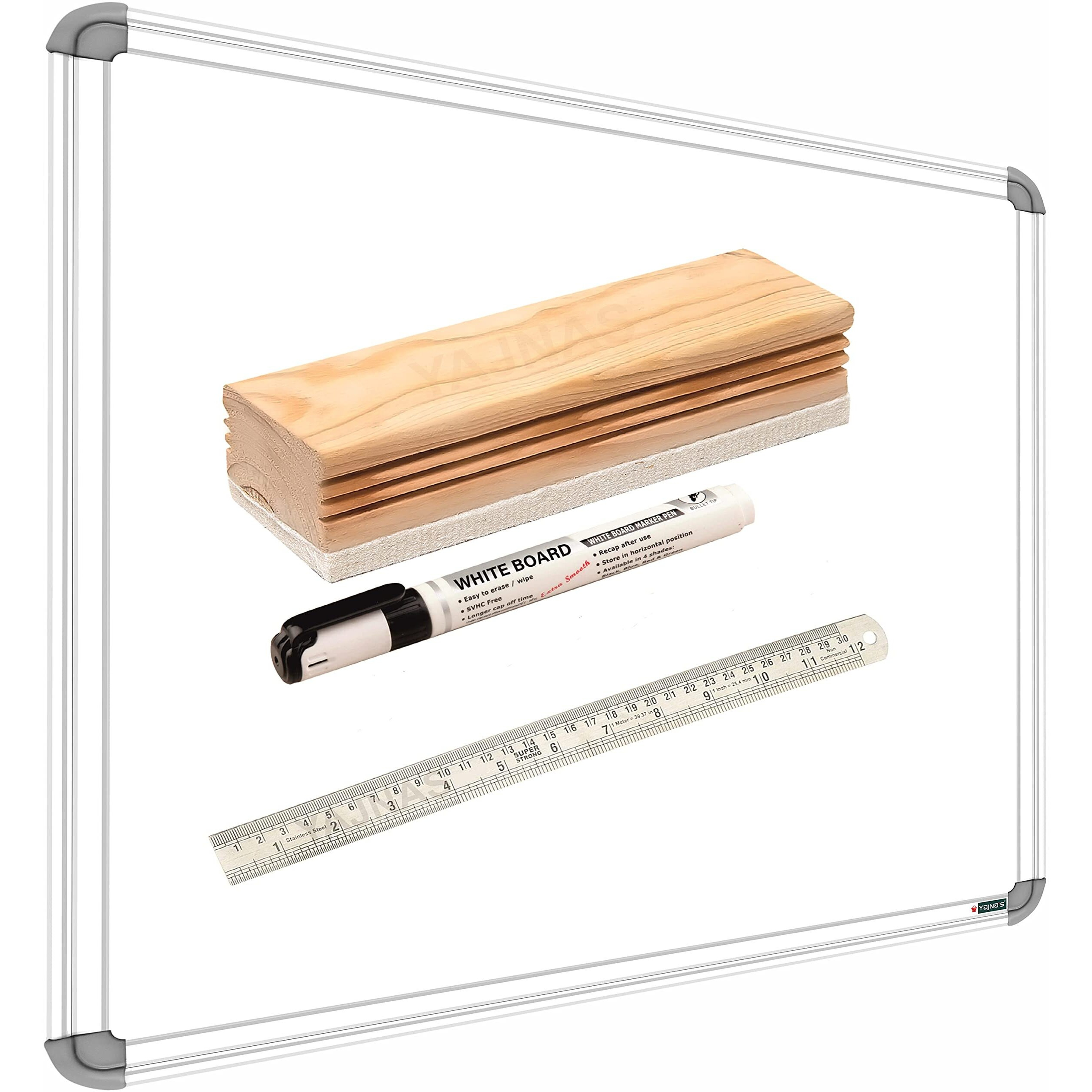 YAJNAS Non Magnetic 1.5X2 feet Double Sided White Board and Chalk Board, One Side White Marker and Reverse Side Chalk Board Surface, Wooden Duster, Marker & 30 CM Scale (Combo Pack of 4 Items)