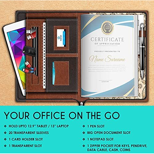 WHNOATOC Multipurpose Leatherette Professional File Folders for Certificates, Document Bag, Portfolio, Executive File,Documents Holder,Legal Size Documents Holder with 20 Leafs for Men and Women