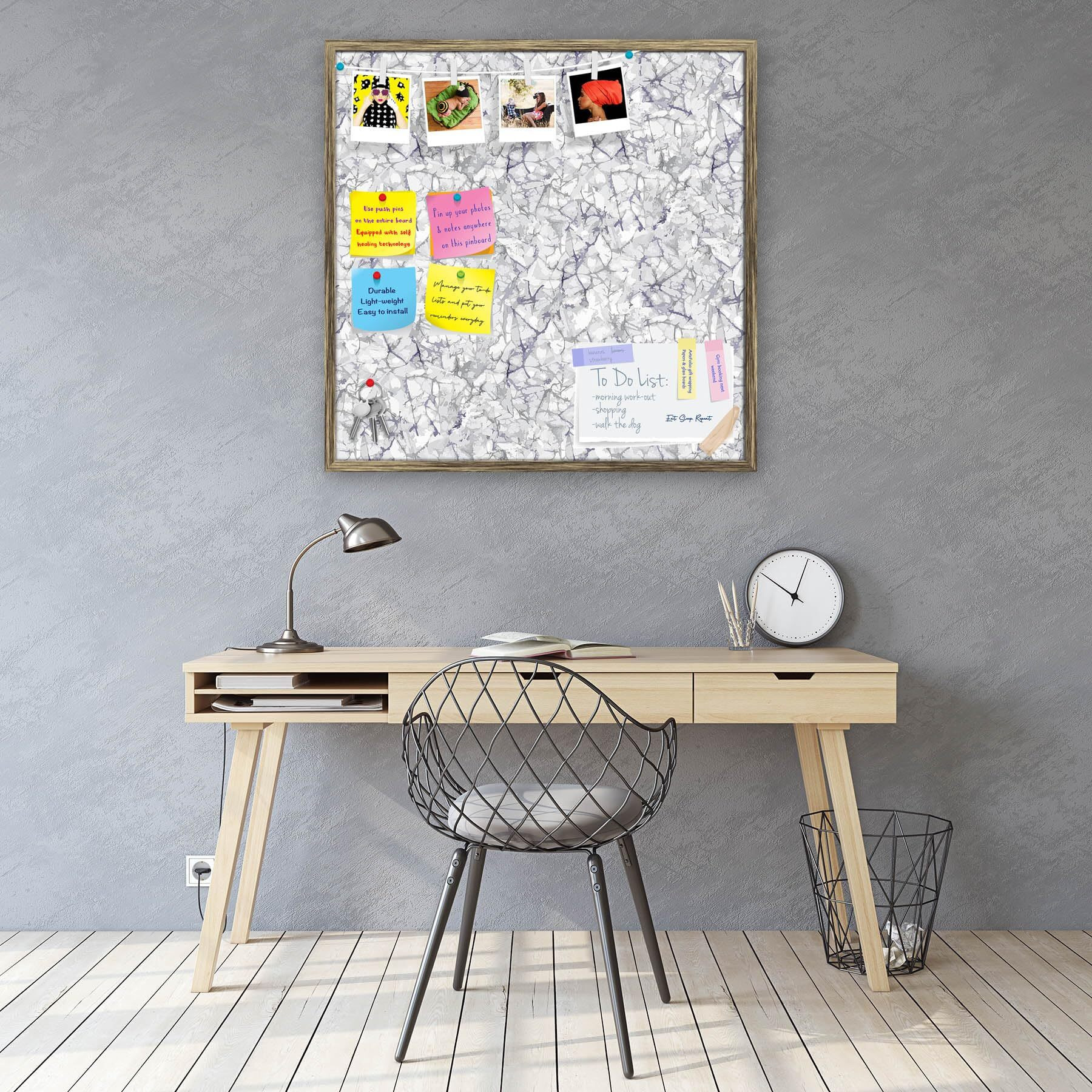 ArtzFolio Bright Monochrome | Bulletin Board Notice Pin Board | Vision Soft Board Combo with Thumb Push Pins & Sticky Notes | Antique Golden Frame | 28 x 28 inch (71 x 71 cms)