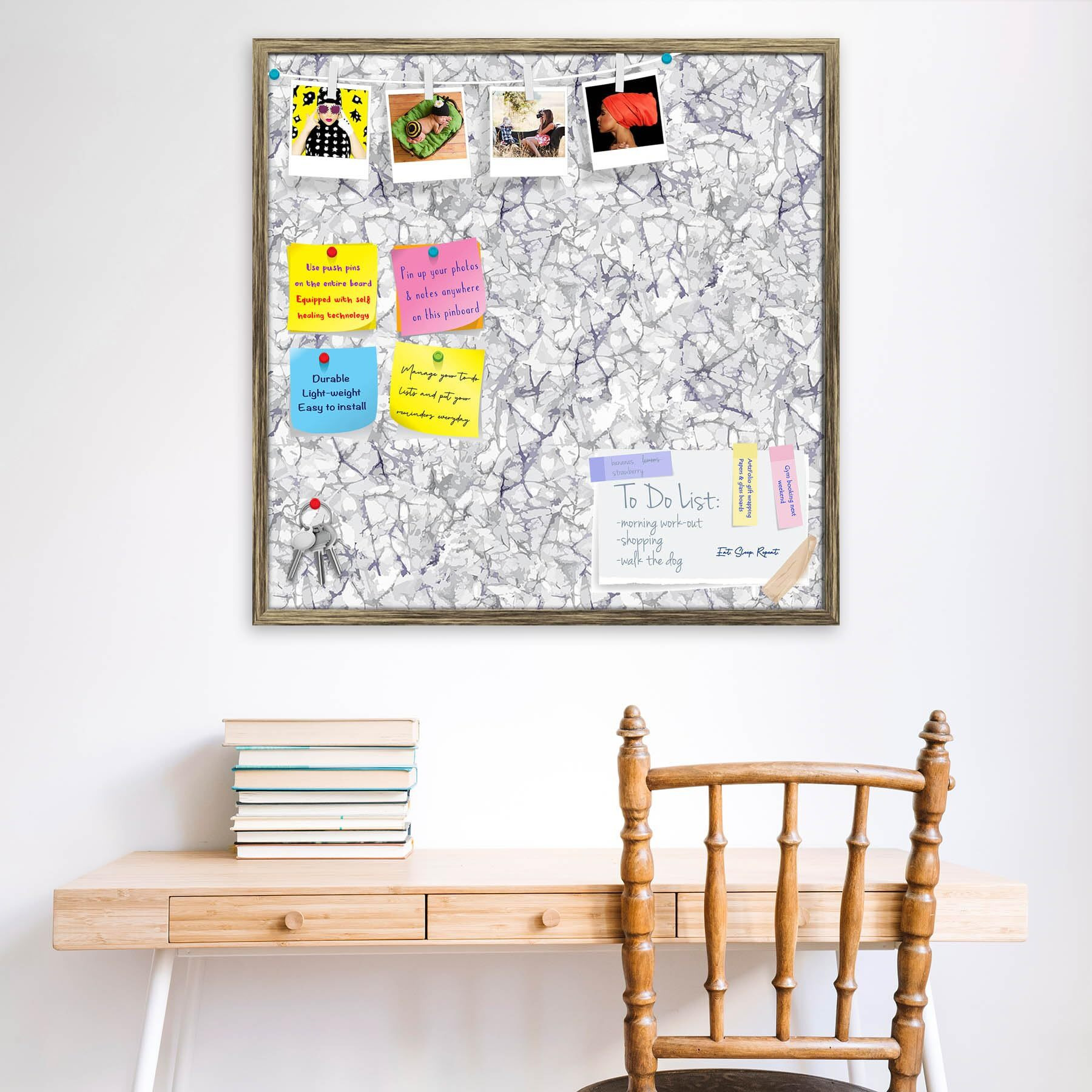 ArtzFolio Bright Monochrome | Bulletin Board Notice Pin Board | Vision Soft Board Combo with Thumb Push Pins & Sticky Notes | Antique Golden Frame | 28 x 28 inch (71 x 71 cms)