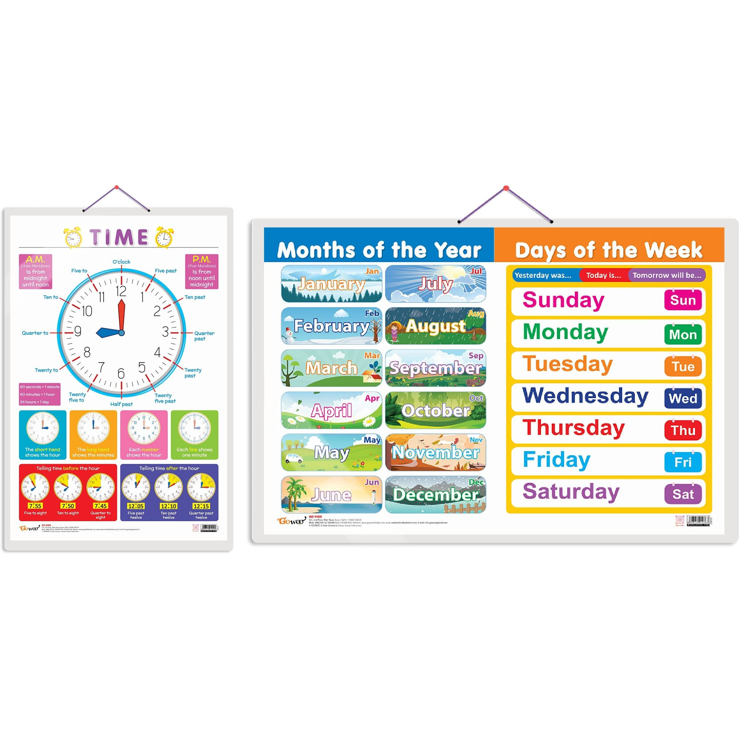 Set of 2 TIME and MONTHS OF THE YEAR AND DAYS OF THE WEEK Early Learning Educational Charts for Kids | 20&quotX30" inch |Non-Tearable and Waterproof | Double Sided Laminated | Perfect for Homeschooling, Kindergarten and Nursery Students