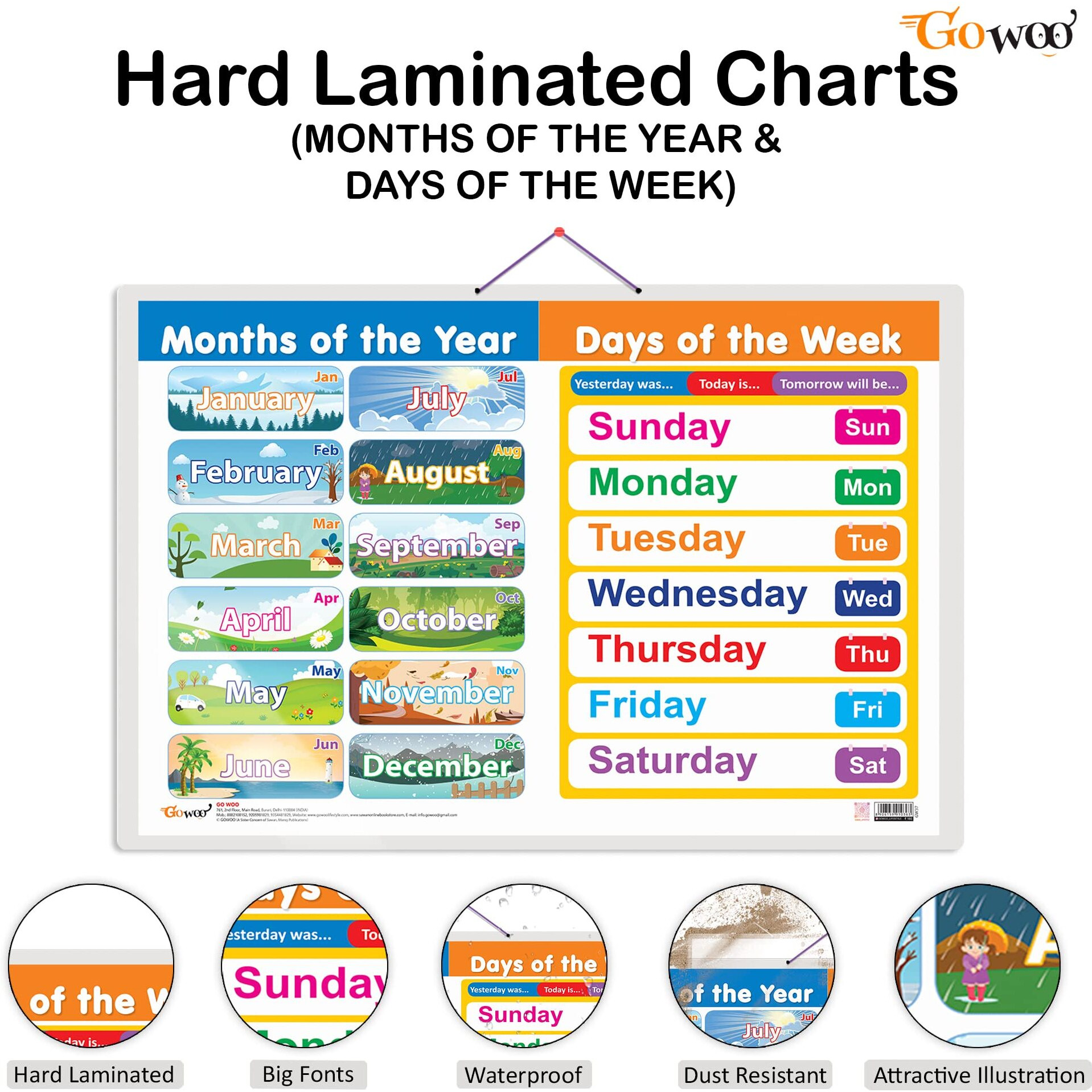 Set of 2 TIME and MONTHS OF THE YEAR AND DAYS OF THE WEEK Early Learning Educational Charts for Kids | 20&quotX30" inch |Non-Tearable and Waterproof | Double Sided Laminated | Perfect for Homeschooling, Kindergarten and Nursery Students