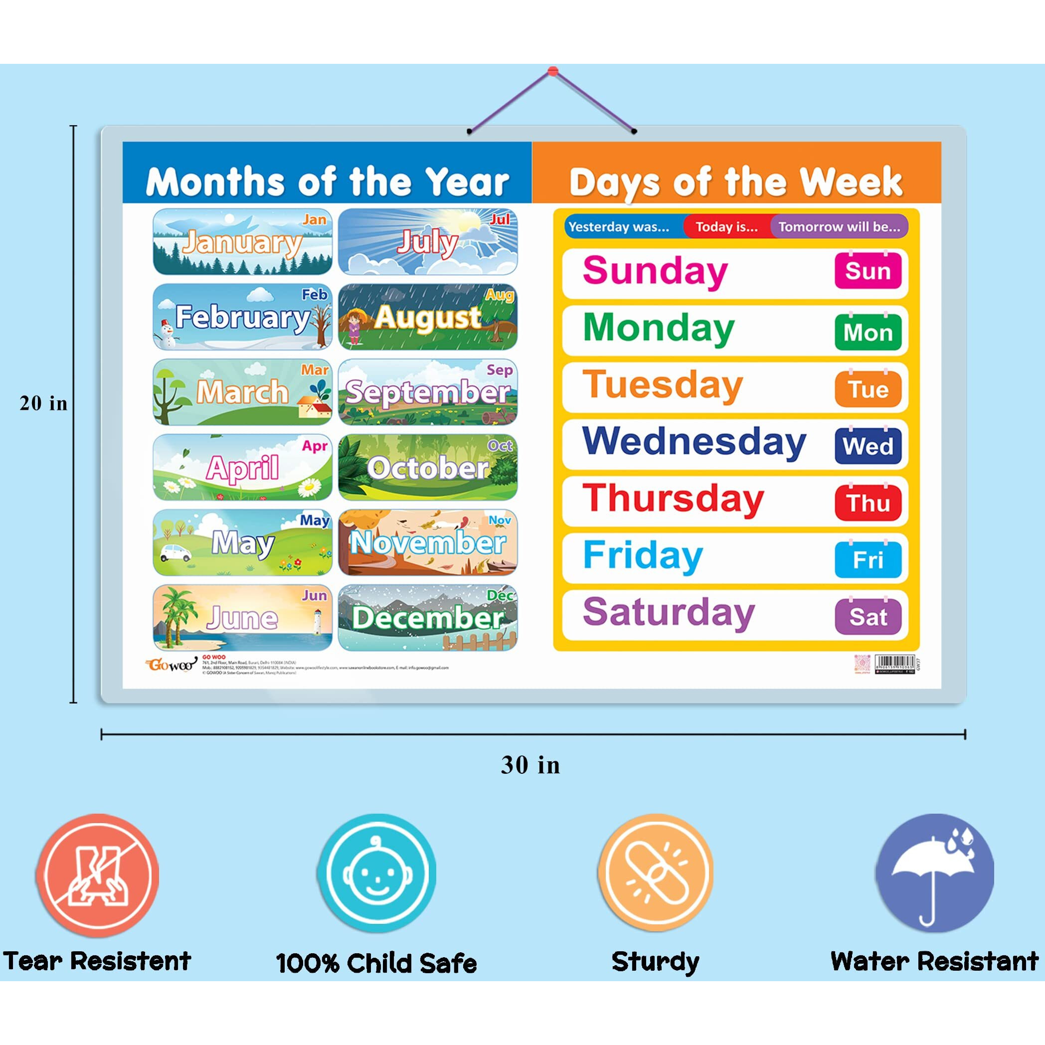 Set of 2 TIME and MONTHS OF THE YEAR AND DAYS OF THE WEEK Early Learning Educational Charts for Kids | 20&quotX30" inch |Non-Tearable and Waterproof | Double Sided Laminated | Perfect for Homeschooling, Kindergarten and Nursery Students