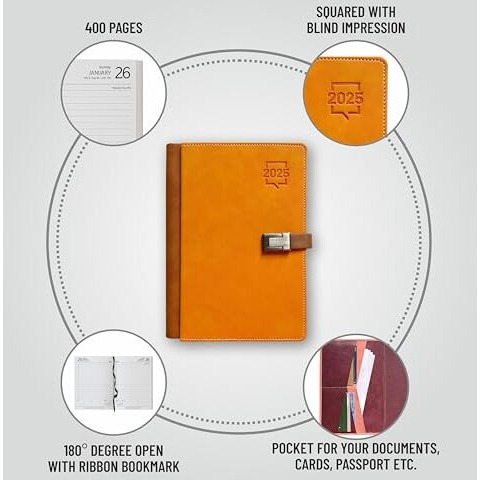 Anupam Fly 2025 Diary with Dates - A5 21x14cm Daily Planner with Monthly Calendar, 365 Days, Canvas Textured Smooth and Linen PU Material Cover, Metallic Magnetic Closure and Pen Holder, Yellow