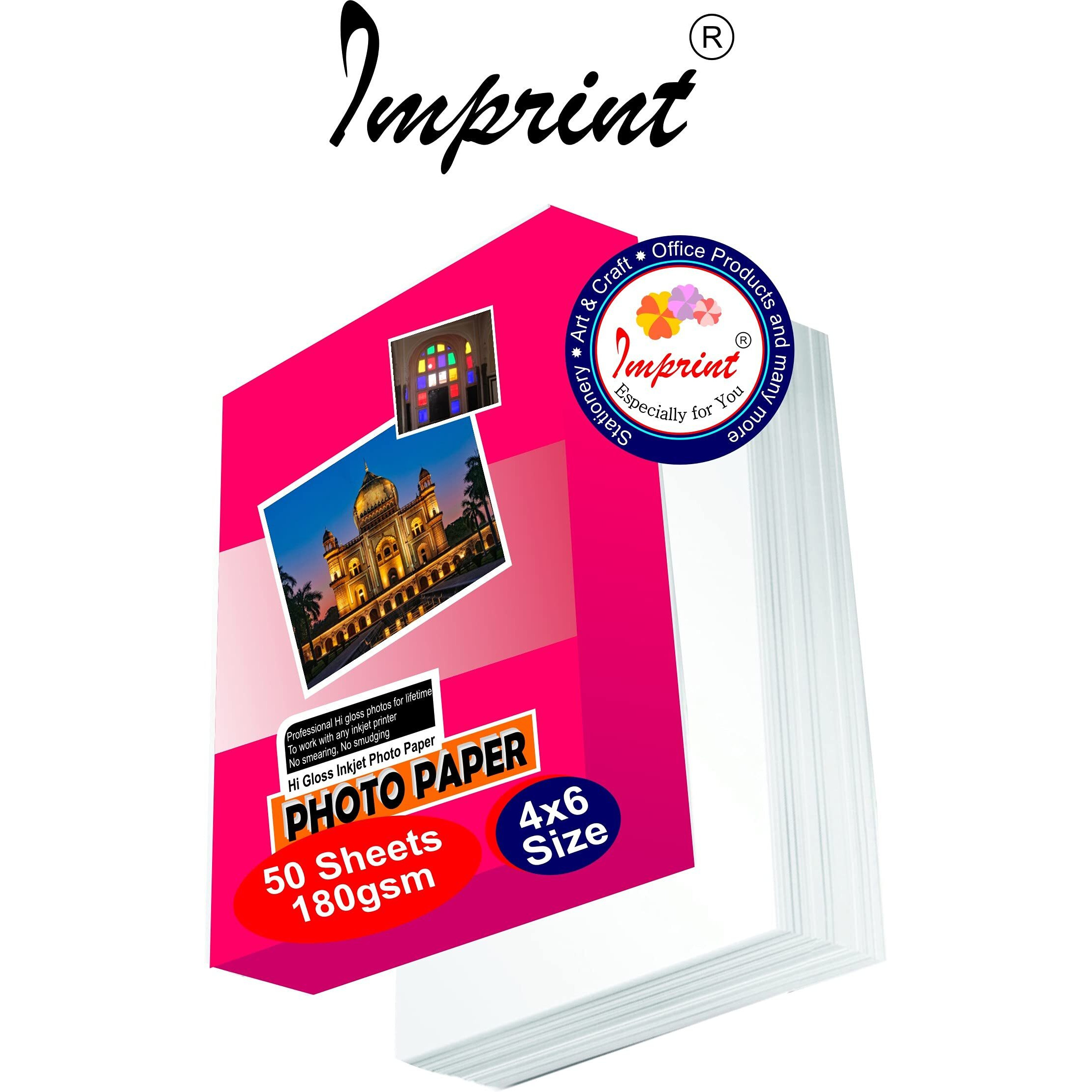 IMPRINT Photo Paper | for All Inkjet Printers | Glossy Finish | Size 4&quotx6" | Pack of 50 Sheets | 180 GSM Thick