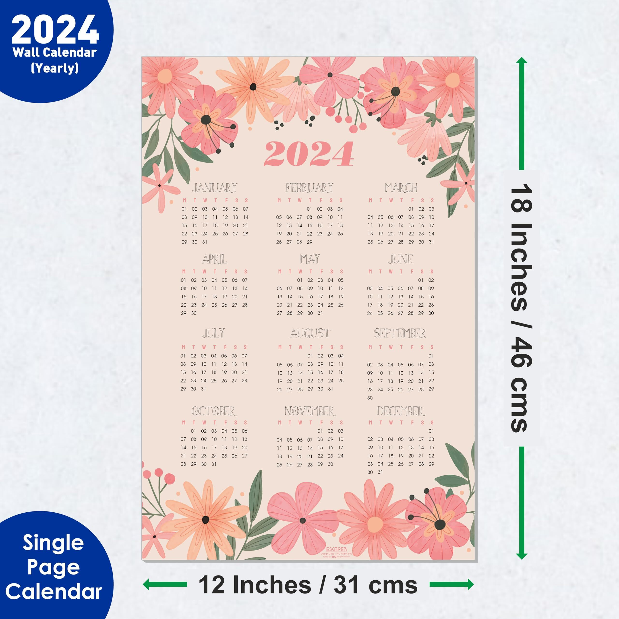 ESCAPER Motivational Wall Calendar 2024 Hanging Large
