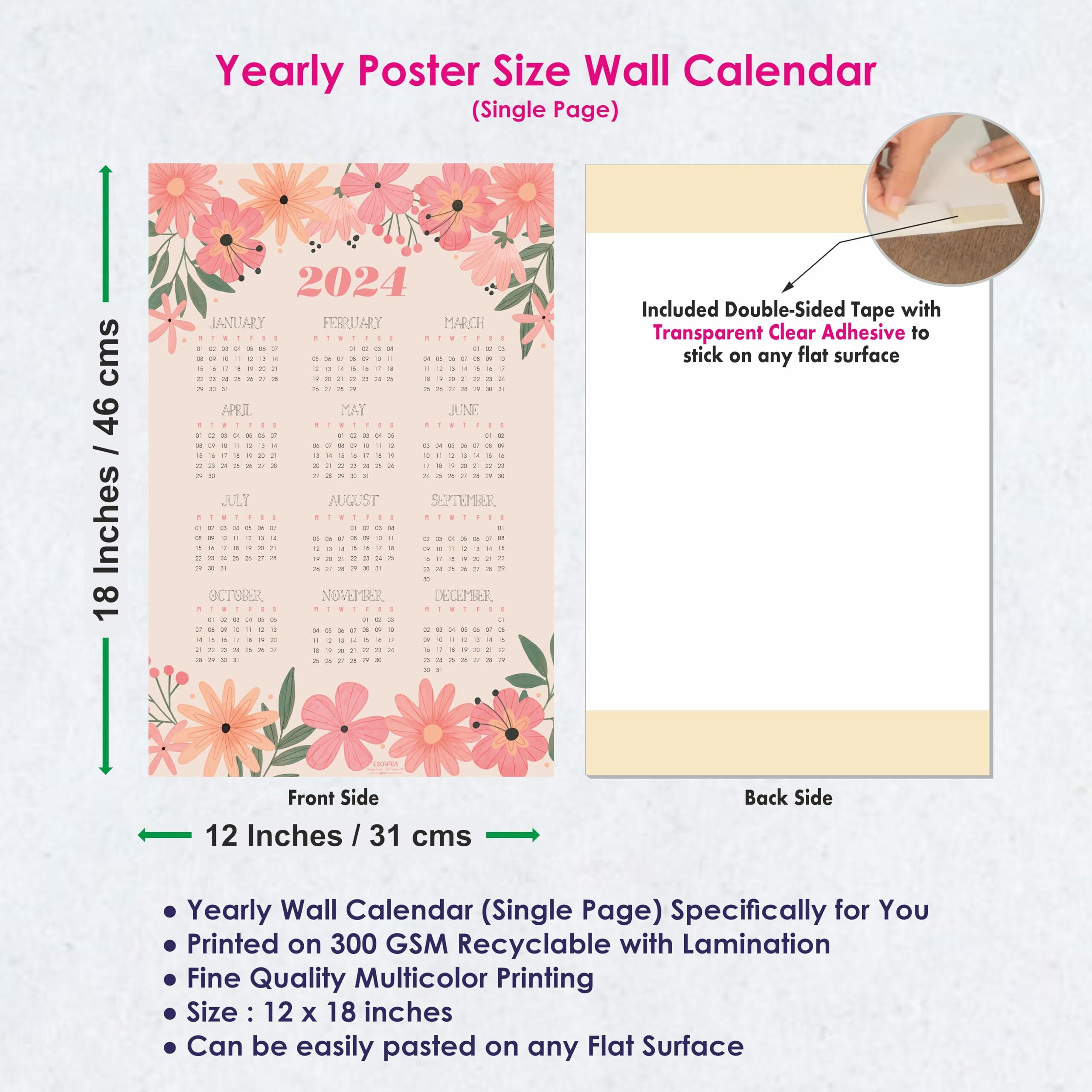 ESCAPER Motivational Wall Calendar 2024 Hanging Large