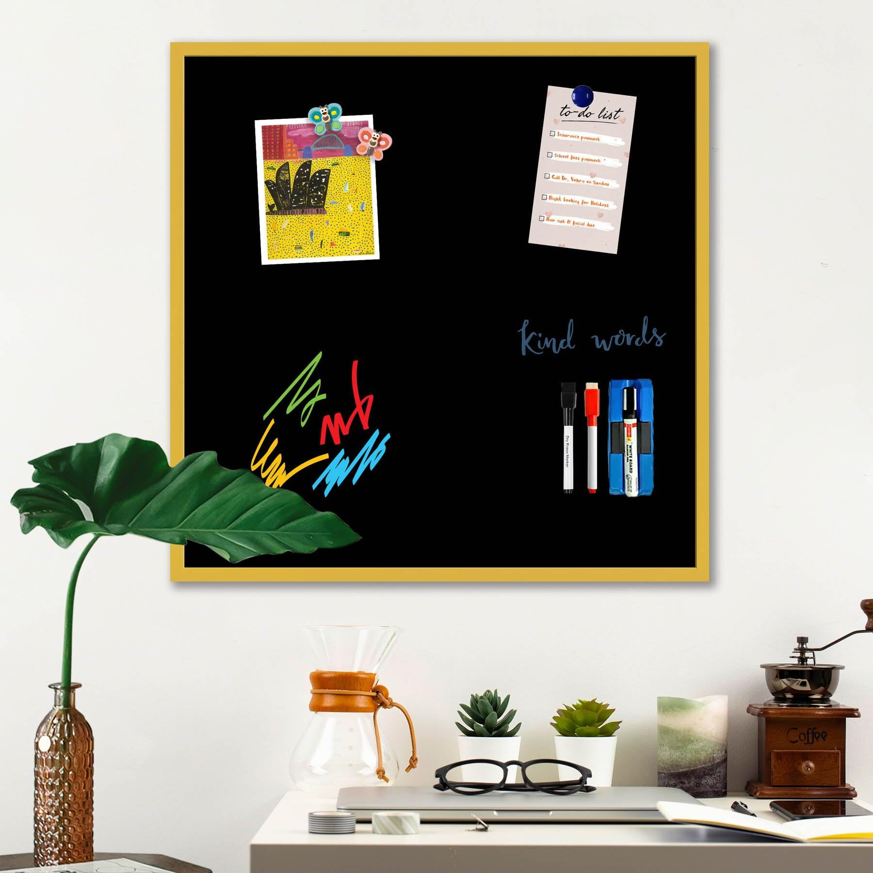 ArtzFolio Greys Family Black Colour | Framed Magnetic Dry Erase White Board | Includes Sticky Notes, Magnet Buttons & Markers | Golden Frame | 16 x 16 inch (41 x 41 cms)