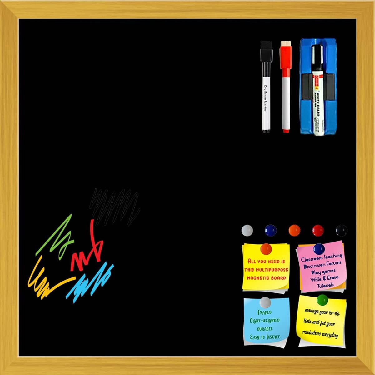 ArtzFolio Greys Family Black Colour | Framed Magnetic Dry Erase White Board | Includes Sticky Notes, Magnet Buttons & Markers | Golden Frame | 16 x 16 inch (41 x 41 cms)
