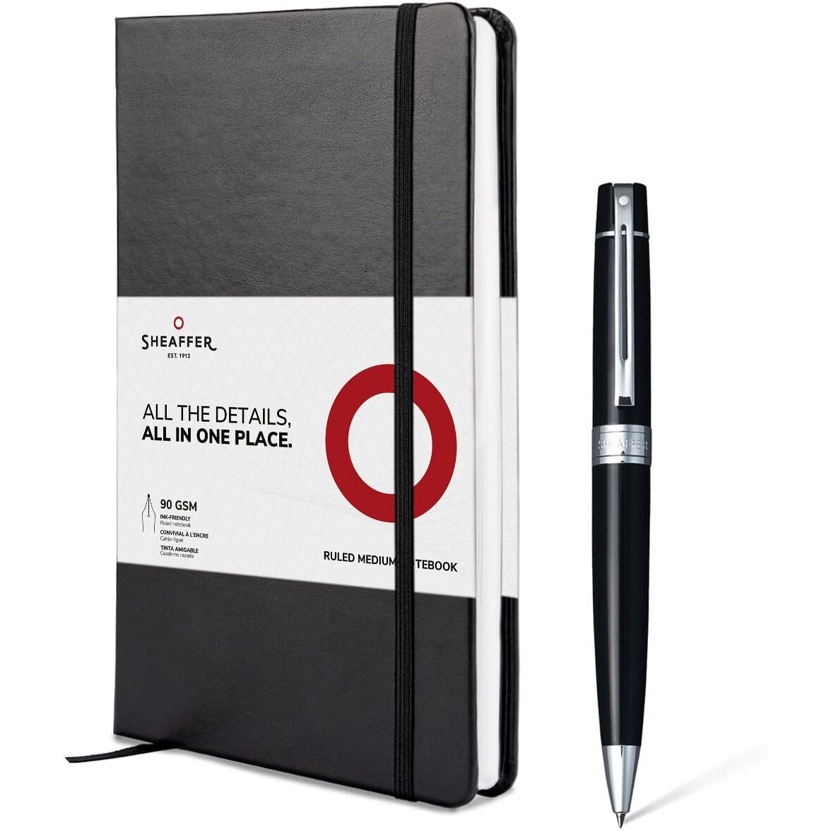 Sheaffer Gift Set 300 | G9312 Glossy Black with Chrome Trim Ballpoint Pen with Medium Notebook | Premium Gift Set