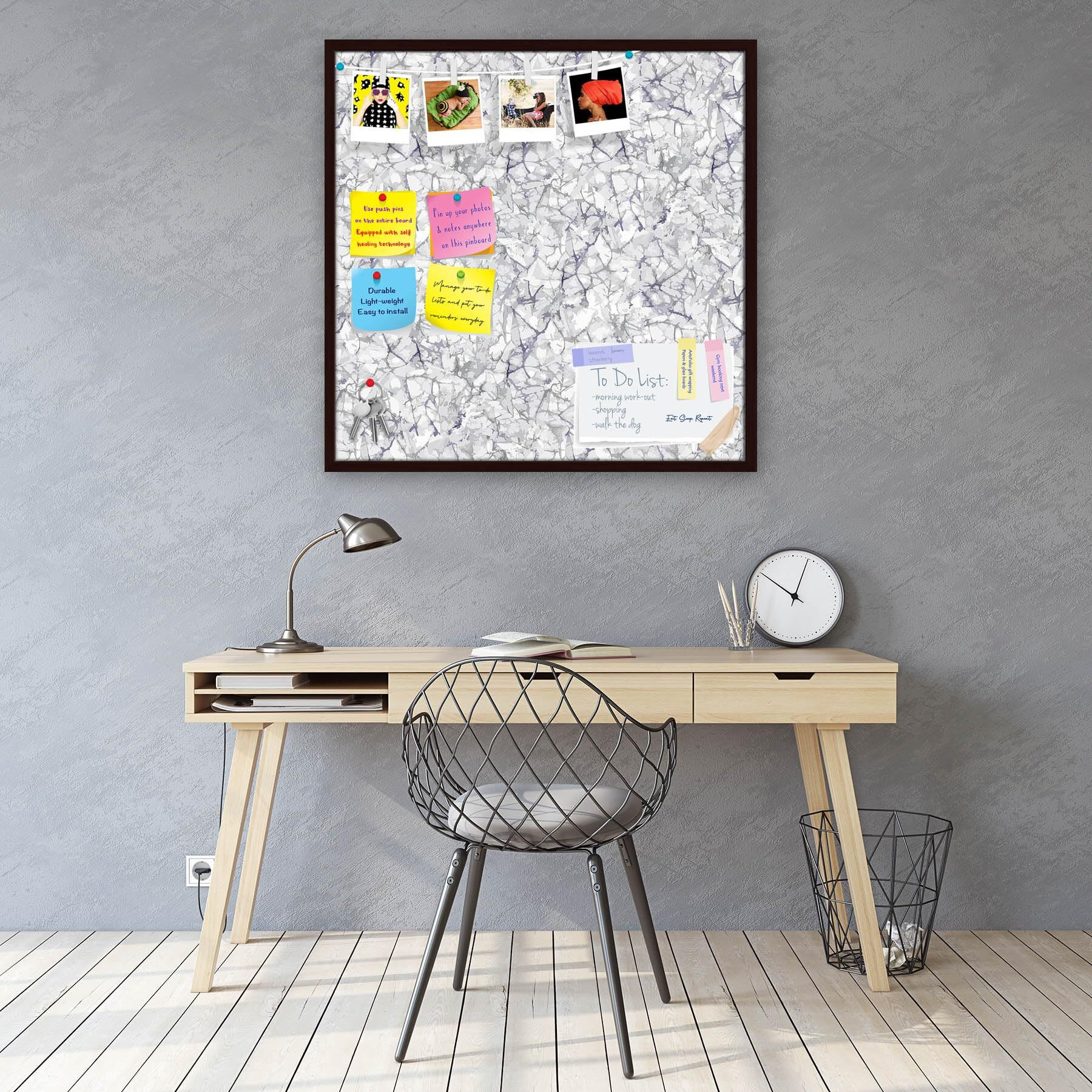 ArtzFolio Bright Monochrome | Bulletin Board Notice Pin Board | Vision Soft Board Combo with Thumb Push Pins & Sticky Notes | Dark Brown Frame | 12 x 12 inch (30 x 30 cms)