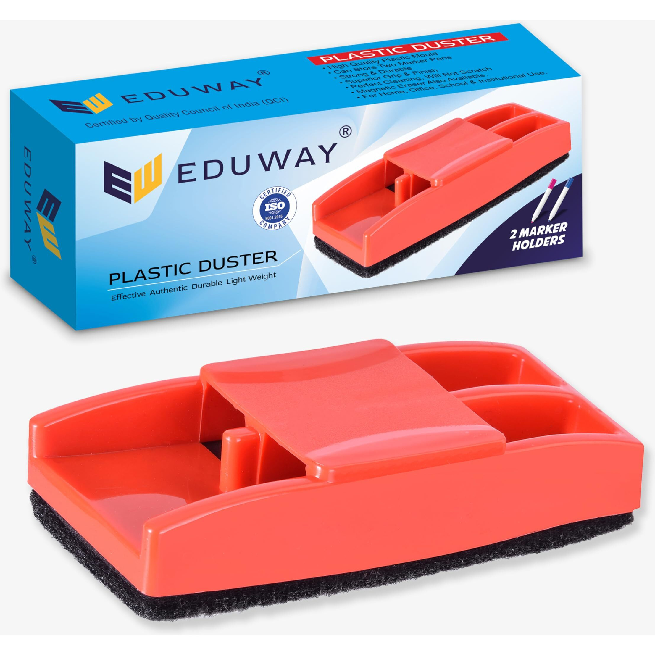 Eduway Non-Magnetic White Board Duster | Chalkboard Eraser | Blackboard Cleaner | Compatible with Both Whiteboard- Greenboard with Marker Holder- Pack of 1 (Assorted Colour)