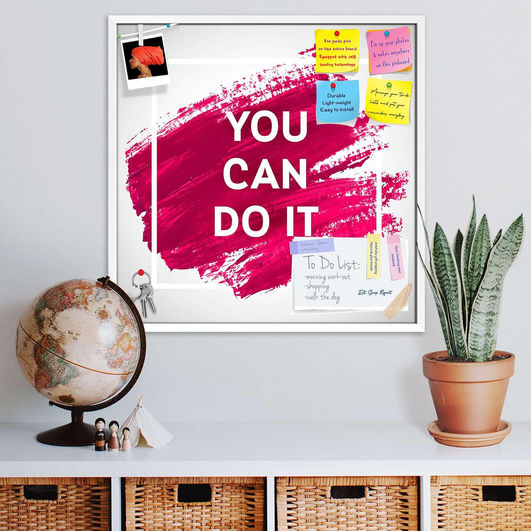 ArtzFolio You Can Do It D1 | Bulletin Board Notice Pin Board | Vision Soft Board Combo with Thumb Push Pins & Sticky Notes | White Frame | 28 x 28 inch (71 x 71 cms)