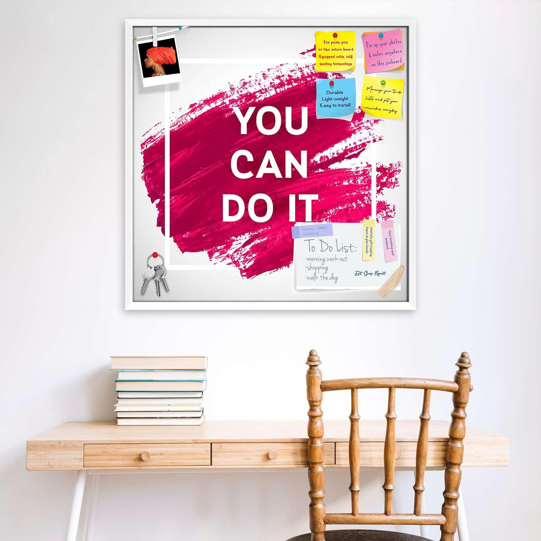 ArtzFolio You Can Do It D1 | Bulletin Board Notice Pin Board | Vision Soft Board Combo with Thumb Push Pins & Sticky Notes | White Frame | 28 x 28 inch (71 x 71 cms)
