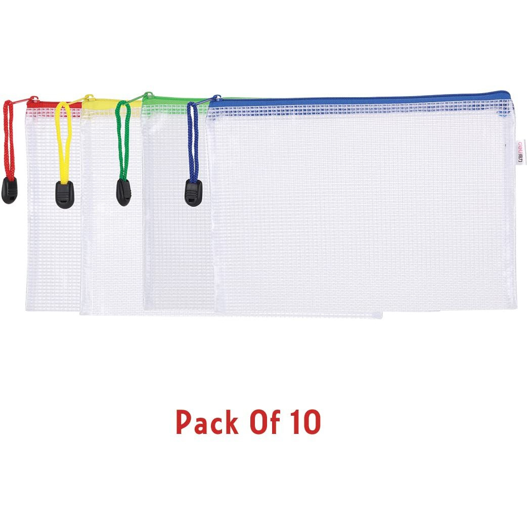 Deli W5656 Transparent Zippered Stationary Case Pouch, Assorted Color, Pack of 10, Size A5