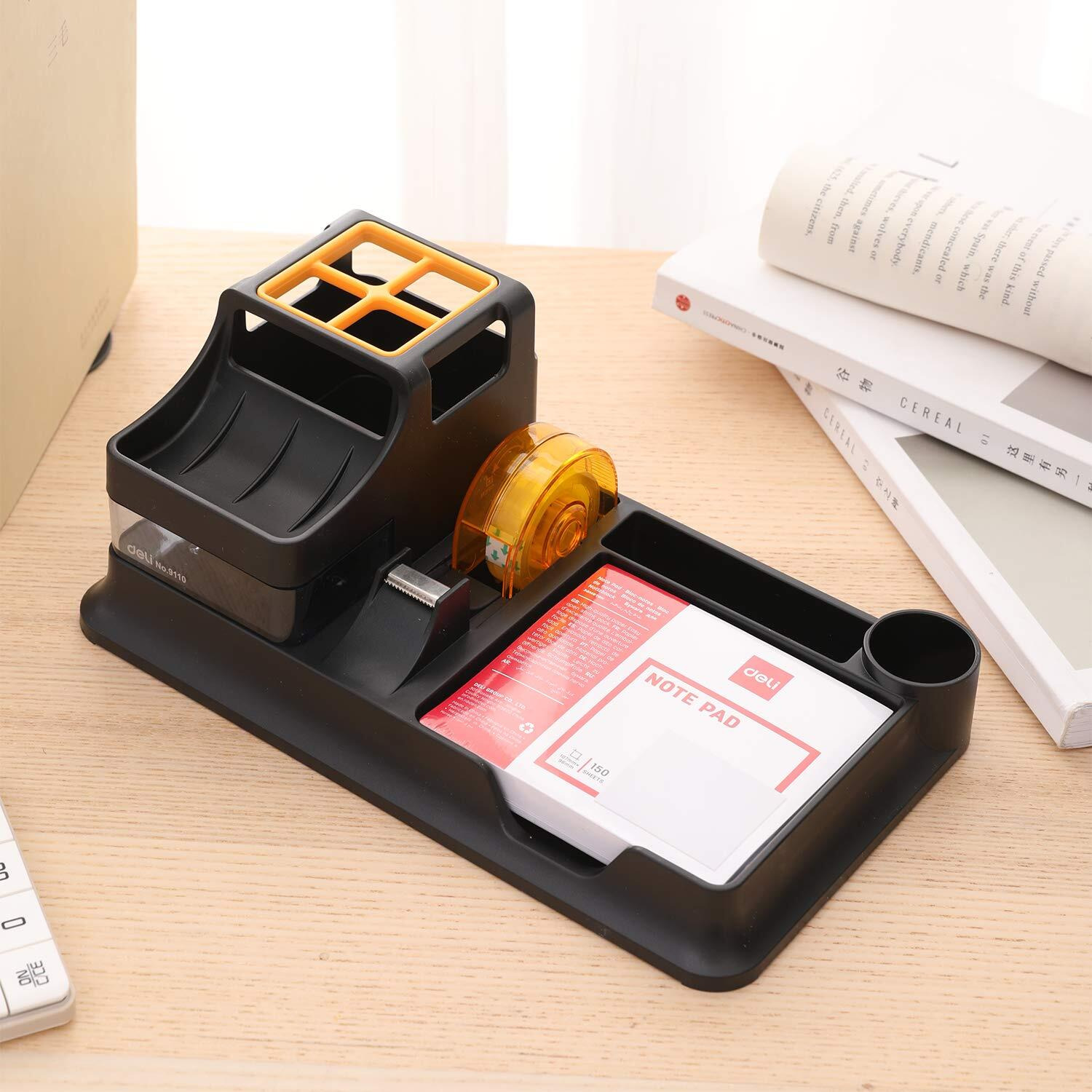 deli W9110 7-Compartment Desk Organiser with Multifunctional Storage Shelf & Display Stand for Office Stationery Items - Black