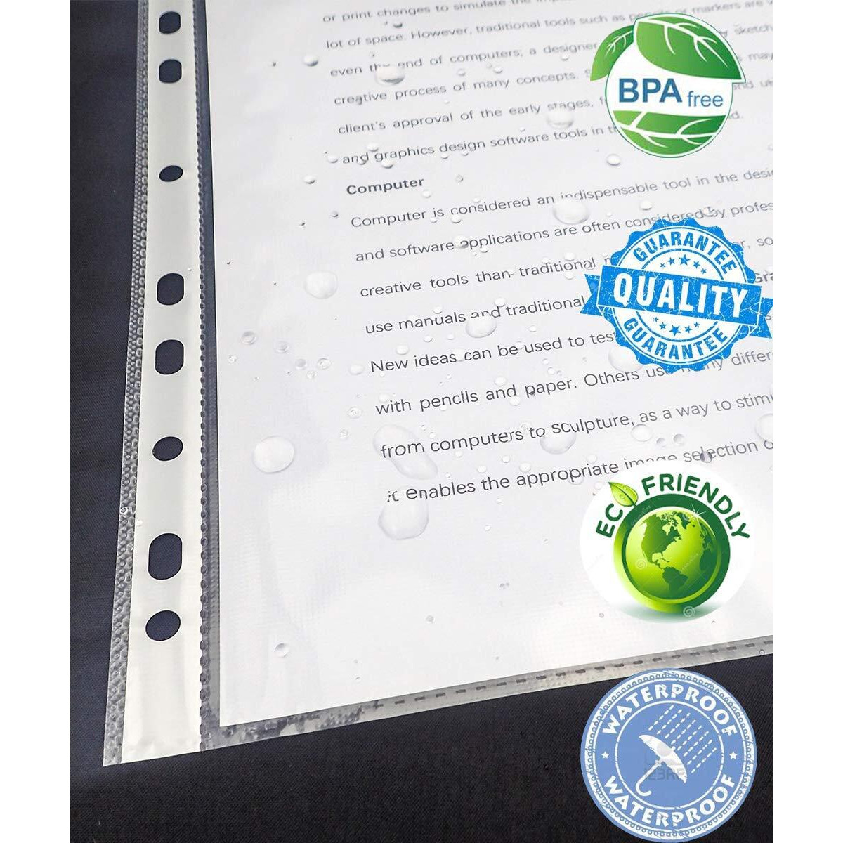 GreatDio 200 Pcs Transparent A4 Size Document Sleeves Leaf Waterproof Clear Sheet Protector 11 Holes Punched Ring Files (150 Micron)