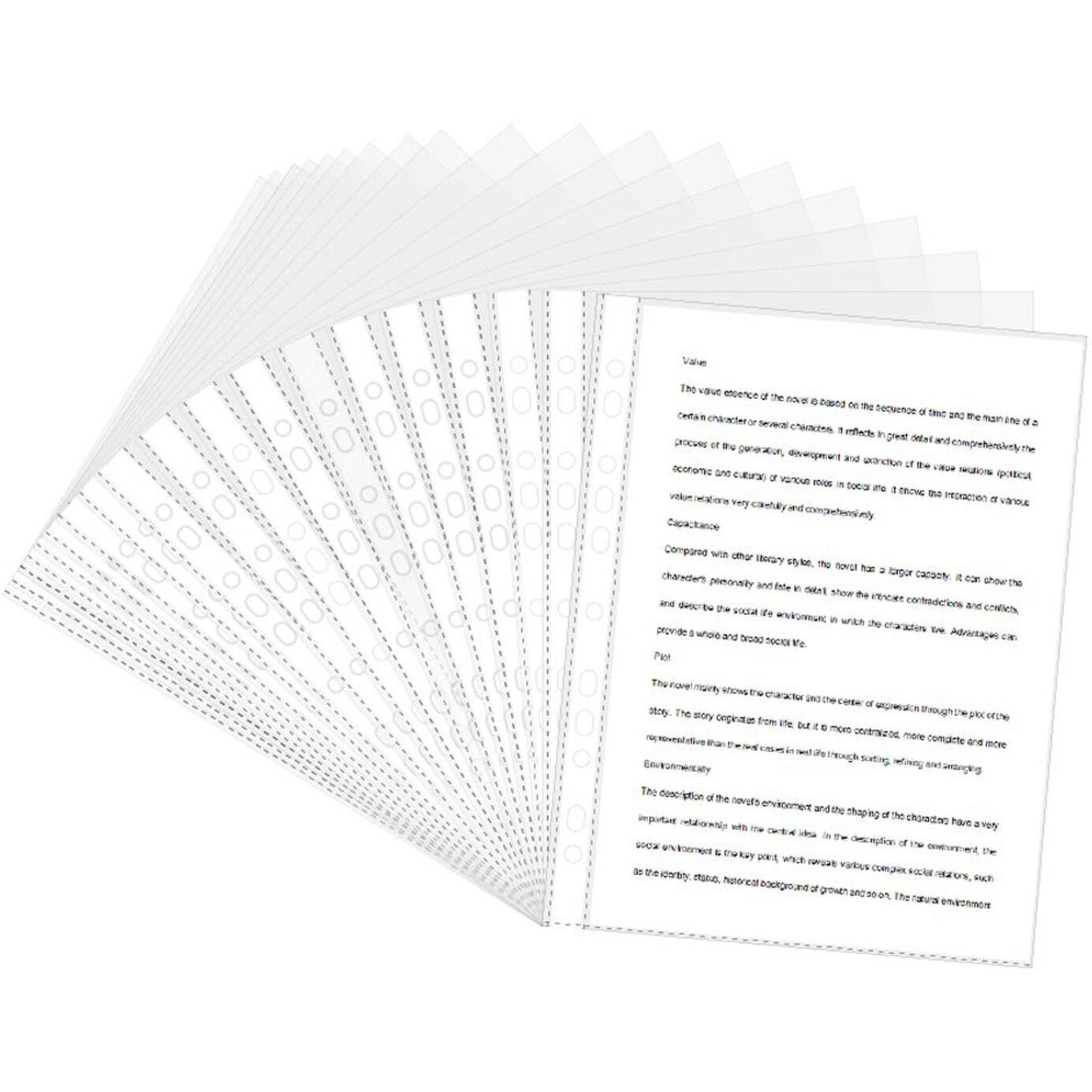 GreatDio 50Pcs Transparent A4 Size Document Sleeves 100 Micron Thickness Leaf Waterproof Clear Sheet Protector 11 Holes Punched Ring Files