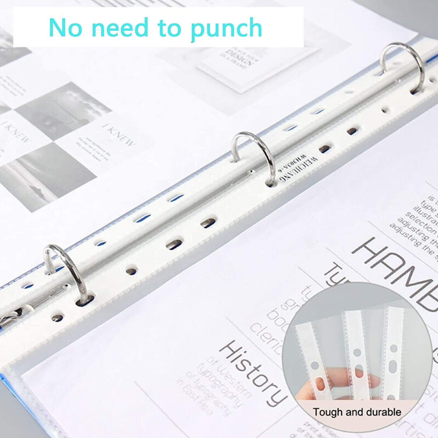 GreatDio 50Pcs Transparent A4 Size Document Sleeves 100 Micron Thickness Leaf Waterproof Clear Sheet Protector 11 Holes Punched Ring Files